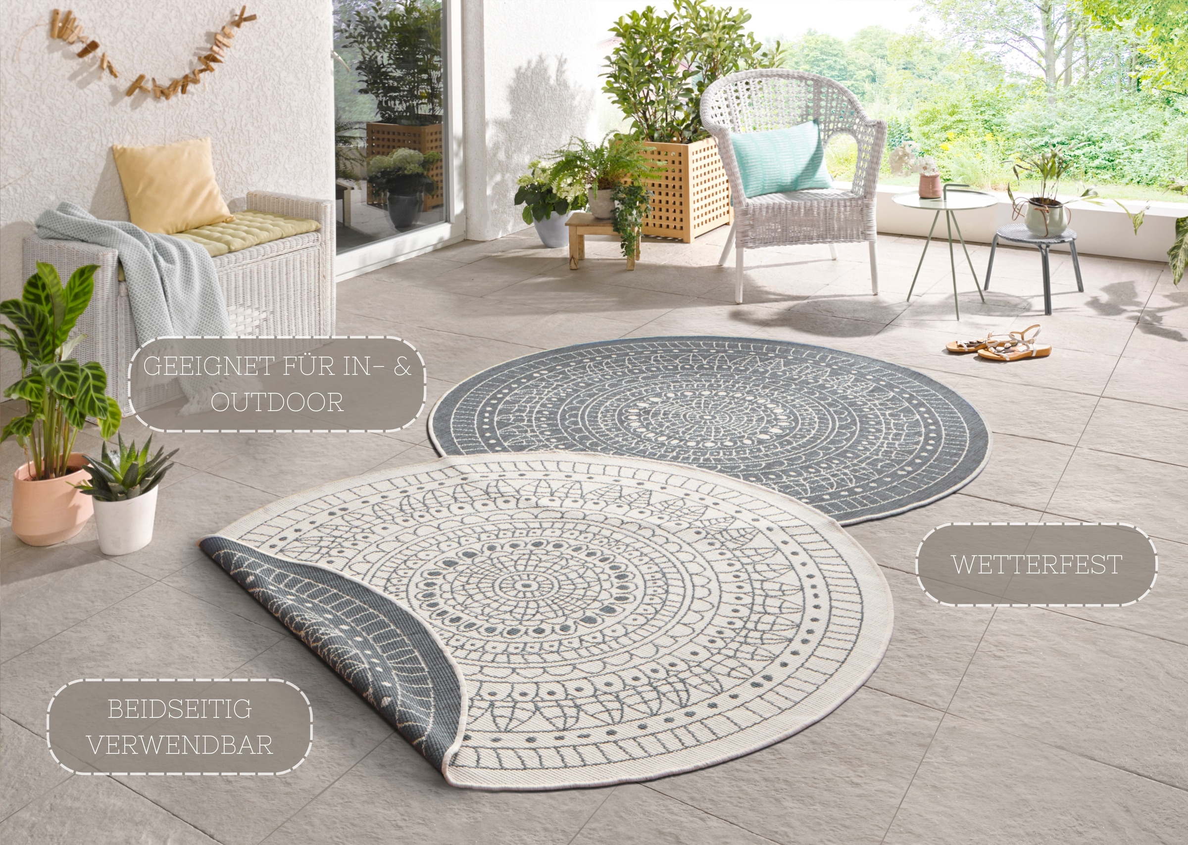 NORTHRUGS Teppich »Porto Wendeteppich«, rund, 5 mm Höhe, In-& Outdoor, Wetterfest, Balkon, Garten, Wohnzimmer, Wasserfest