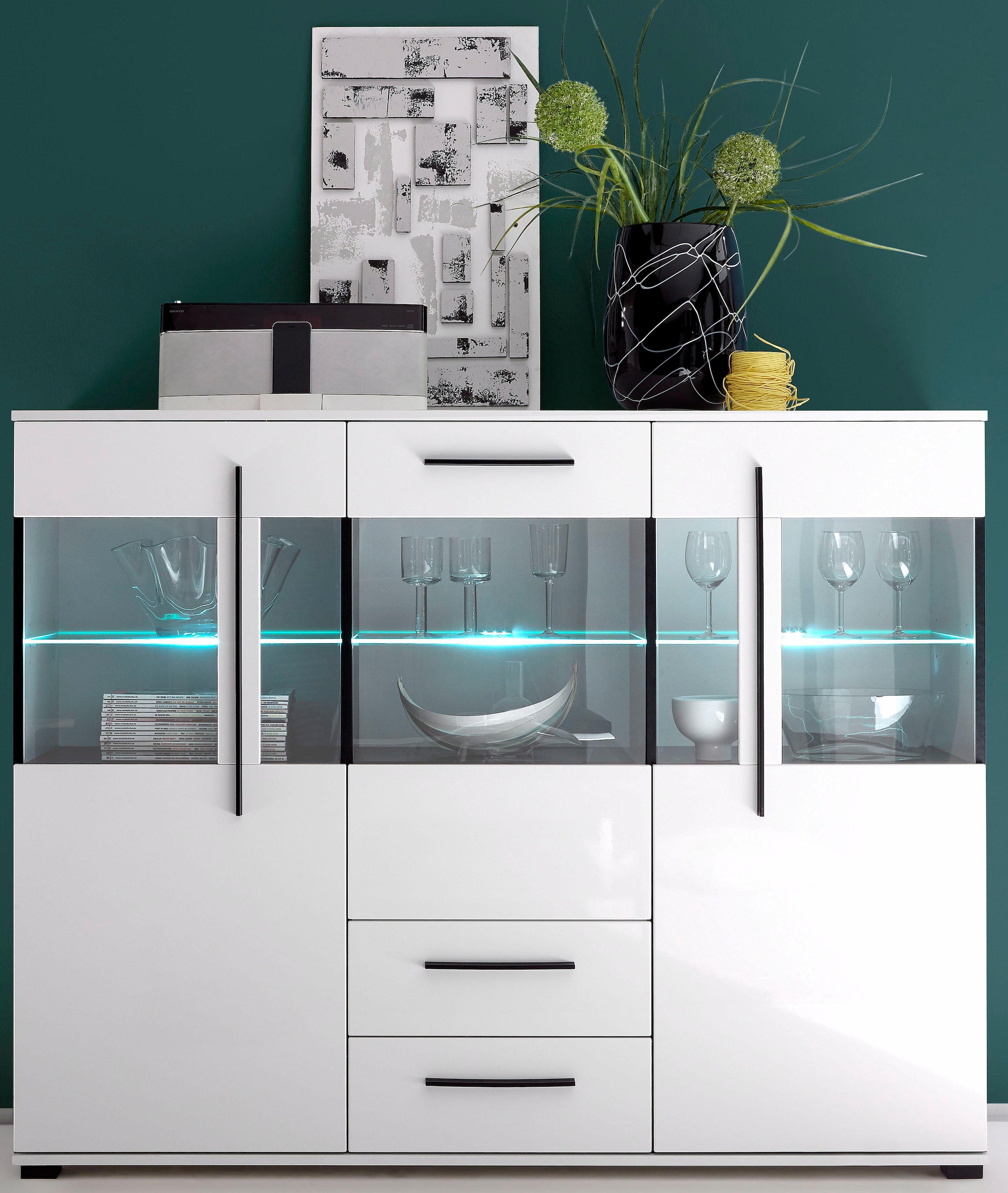 INOSIGN Highboard »Cantara, moderner Schrank, Vitrine in Eiche Dekor oder weiss«, schwarze Stangengriffe, ausreichend Stauraum, vielseitig einsetzbar