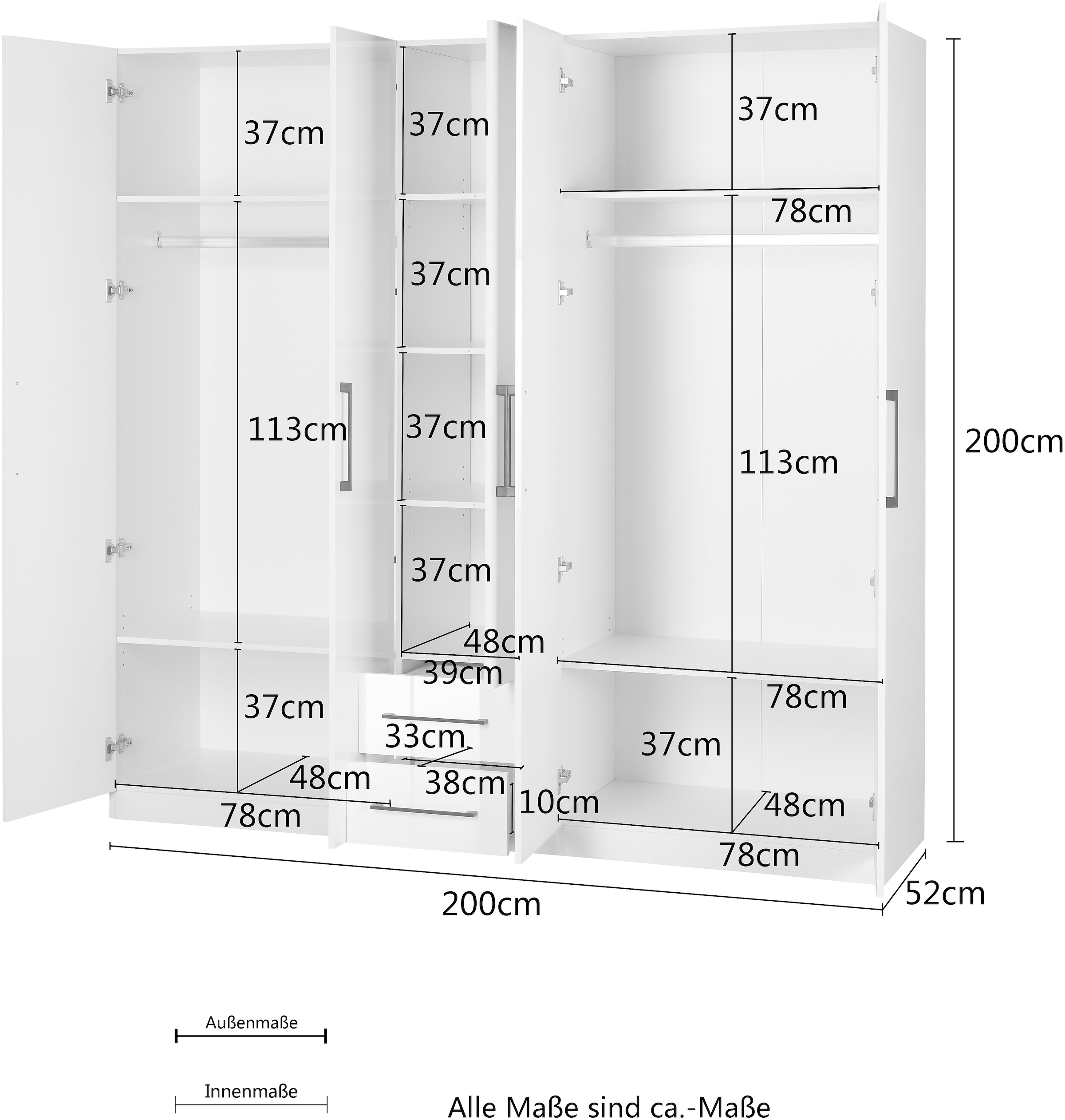 INOSIGN Kleiderschrank »Sylt Schlafzimmerschrank Garderobe Schrank TOPSELLER in hochglanz weiss«, (5 Türen, 2 Schubladen, schwarze moderne Griffe, 7 Einlegeböden), Drehtürenschrank mit perfekter Innenausstattung, Breite 200cm