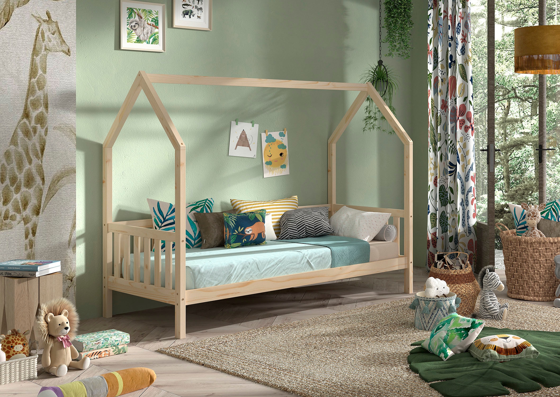 Vipack »Cabane, mit Dachaufbau und Sprossenumrandung in Landhaus-Optik« (B/H/T ca. 208x169x98 cm) aus massiver Eiche, Oberfläche Natur,  sehr stabil und standfest gebaut inkl. Massivholz Rolllattenrost