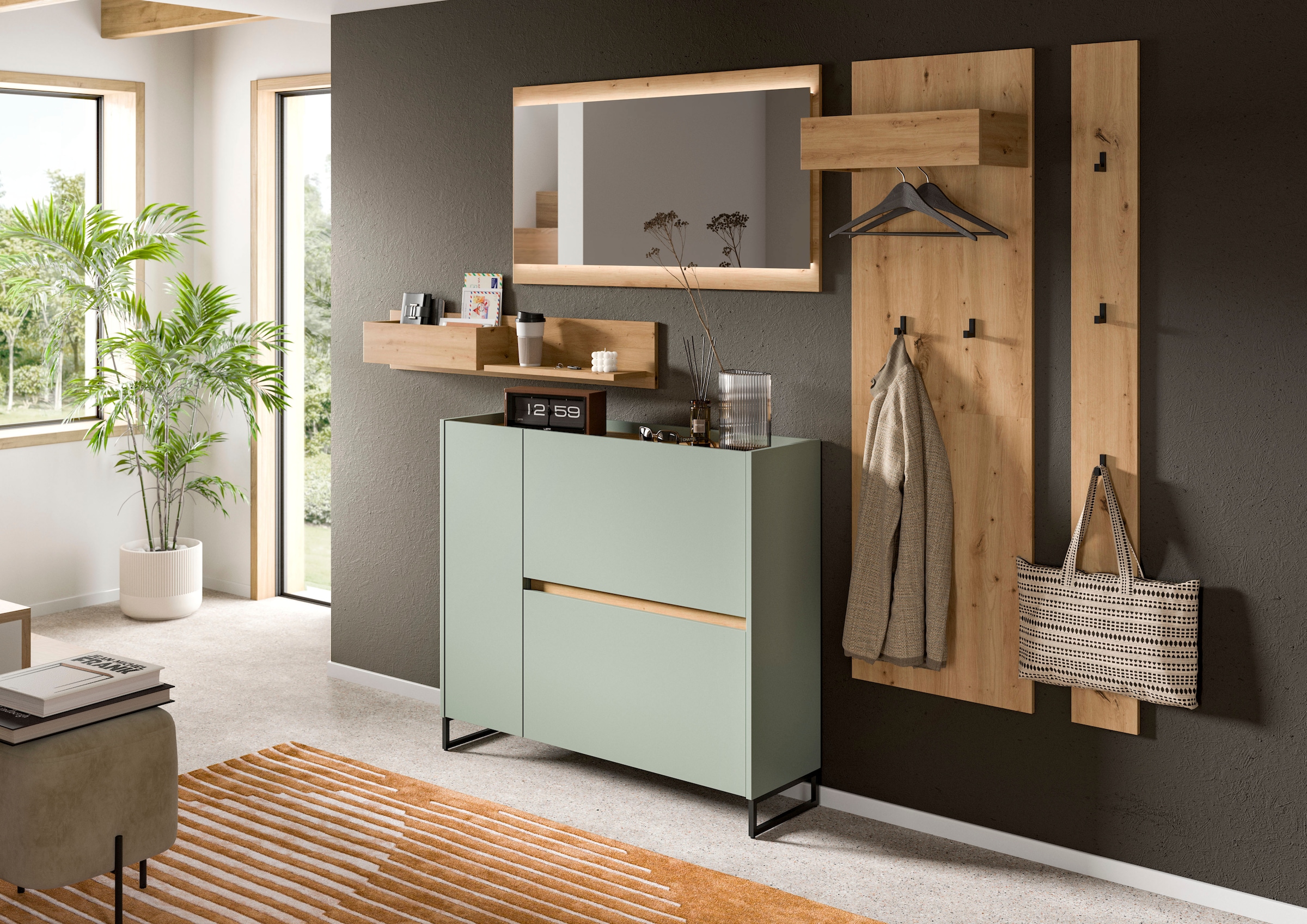 Home affaire Ensemble de vestiaires »EVRID, 5-teilig, Breite 236 cm, inkl. Beleuchtung« best. aus: Wandboard, Kommode, Spiegel, Garderobenpaneel, Hakenleiste, 5 cuis tlg.