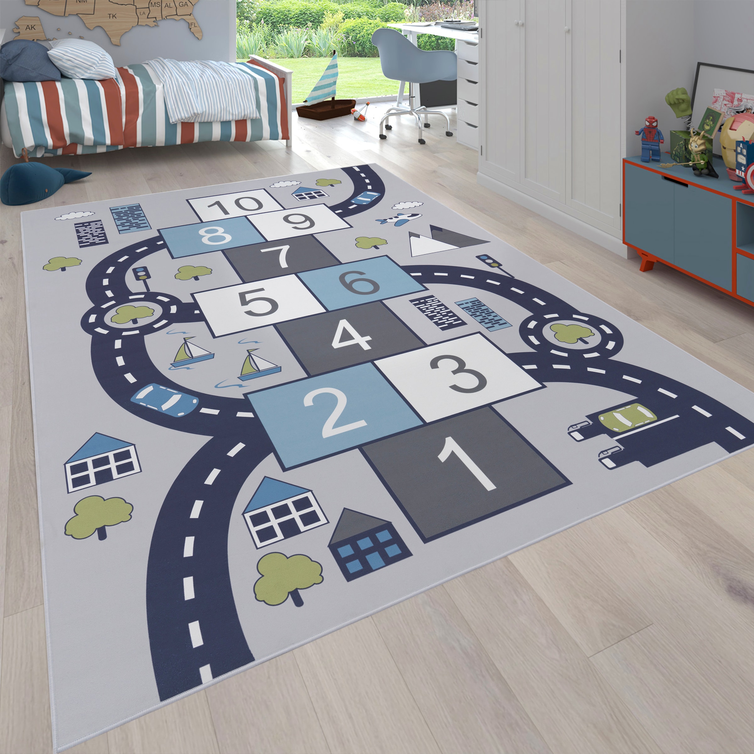 Image of Paco Home Kinderteppich "Bino 565" rechteckig 4 mm Höhe Kurzflor, Strassen-Spiel-Teppich & Spielmotiv Hüpfkästchen