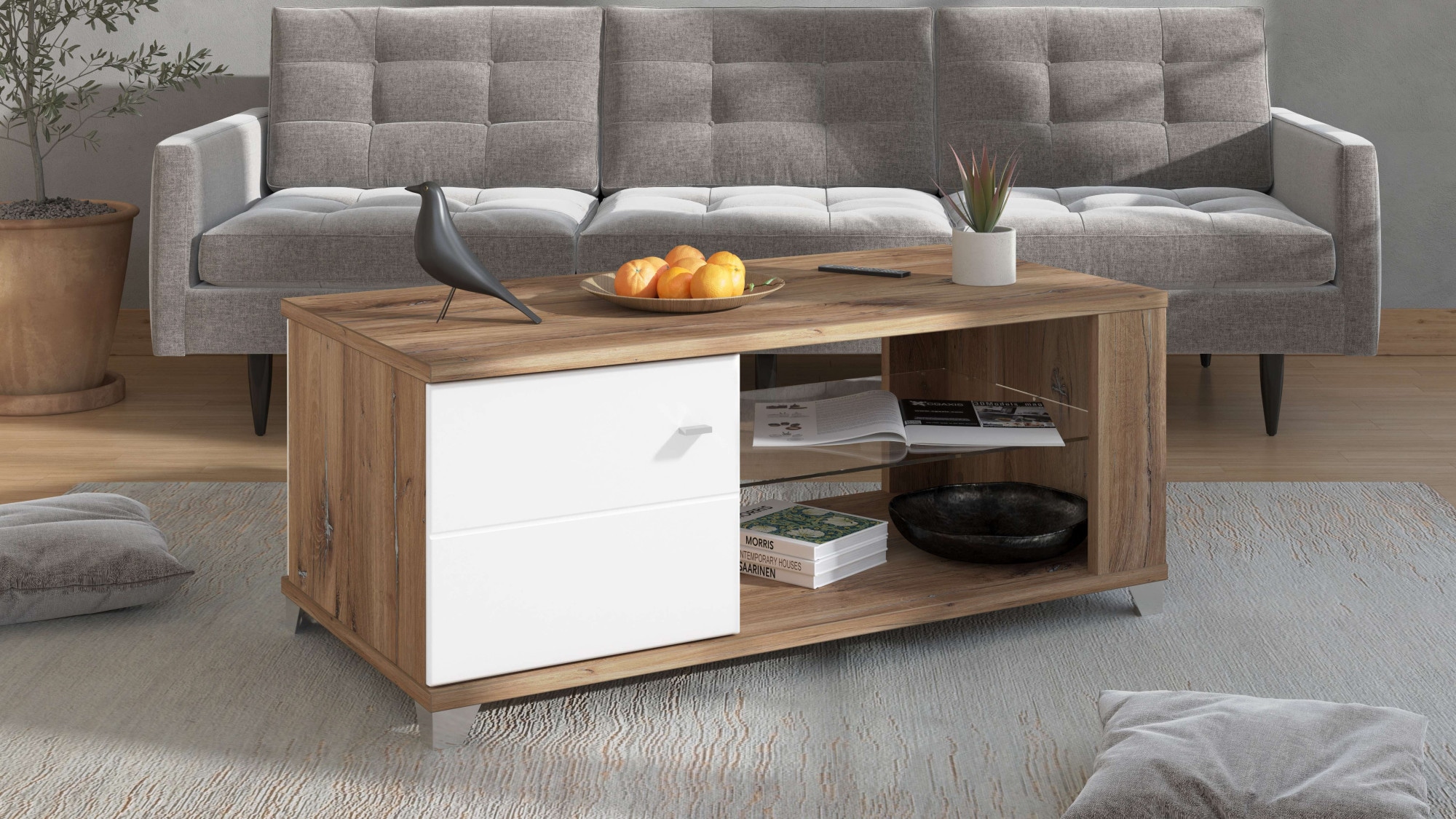 Image of Home affaire Couchtisch "Burgundy120 cm, rechteckig, in zeitloser Design," mit viel Stauraum, Flagstaf Eiche Dekor mit Segmenten in Weiss