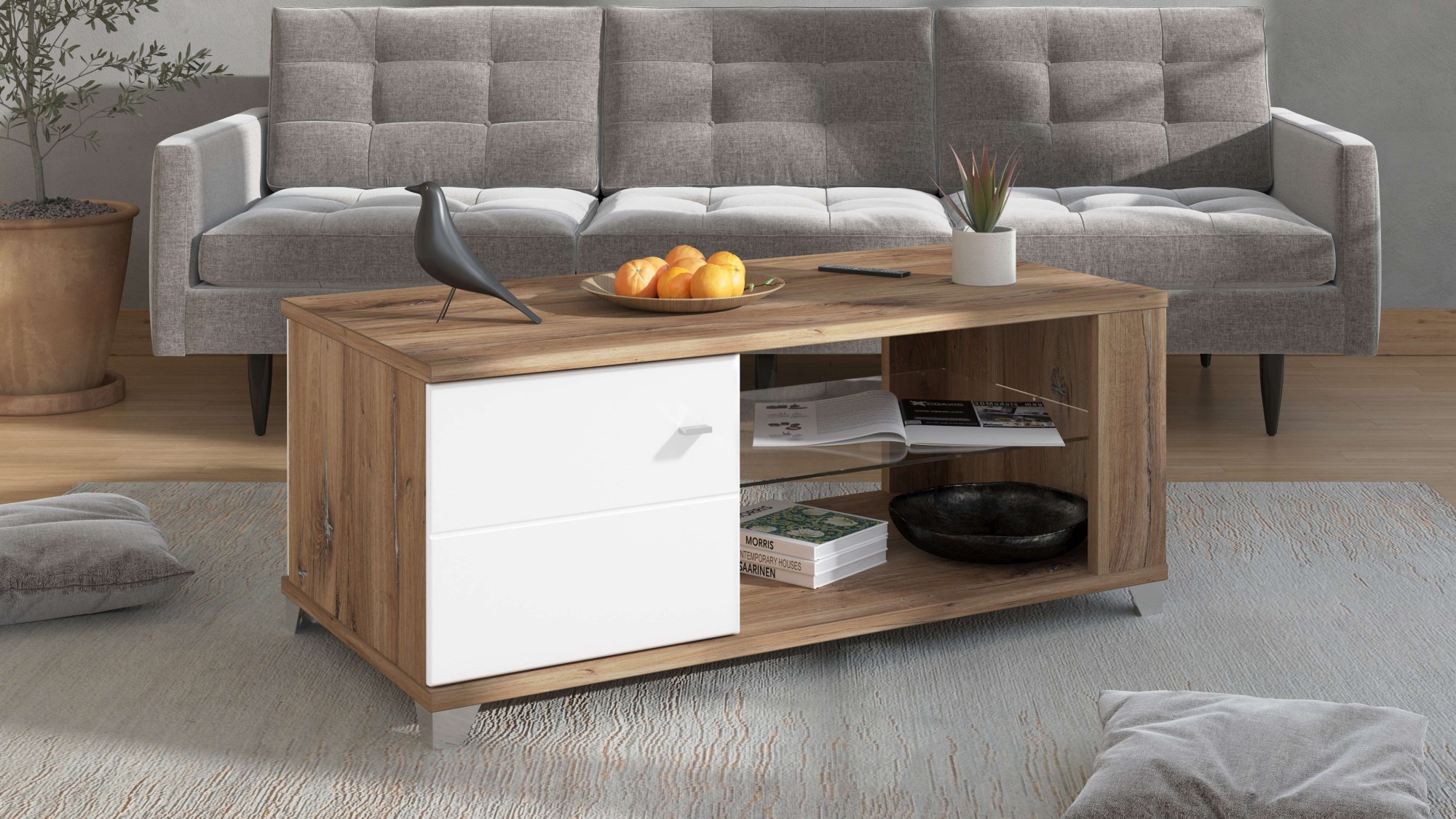 Image of INOSIGN Couchtisch "Burgundy120 cm, rechteckig, in zeitloser Design," mit viel Stauraum, Flagstaf Eiche Dekor mit Segmenten in Weiss
