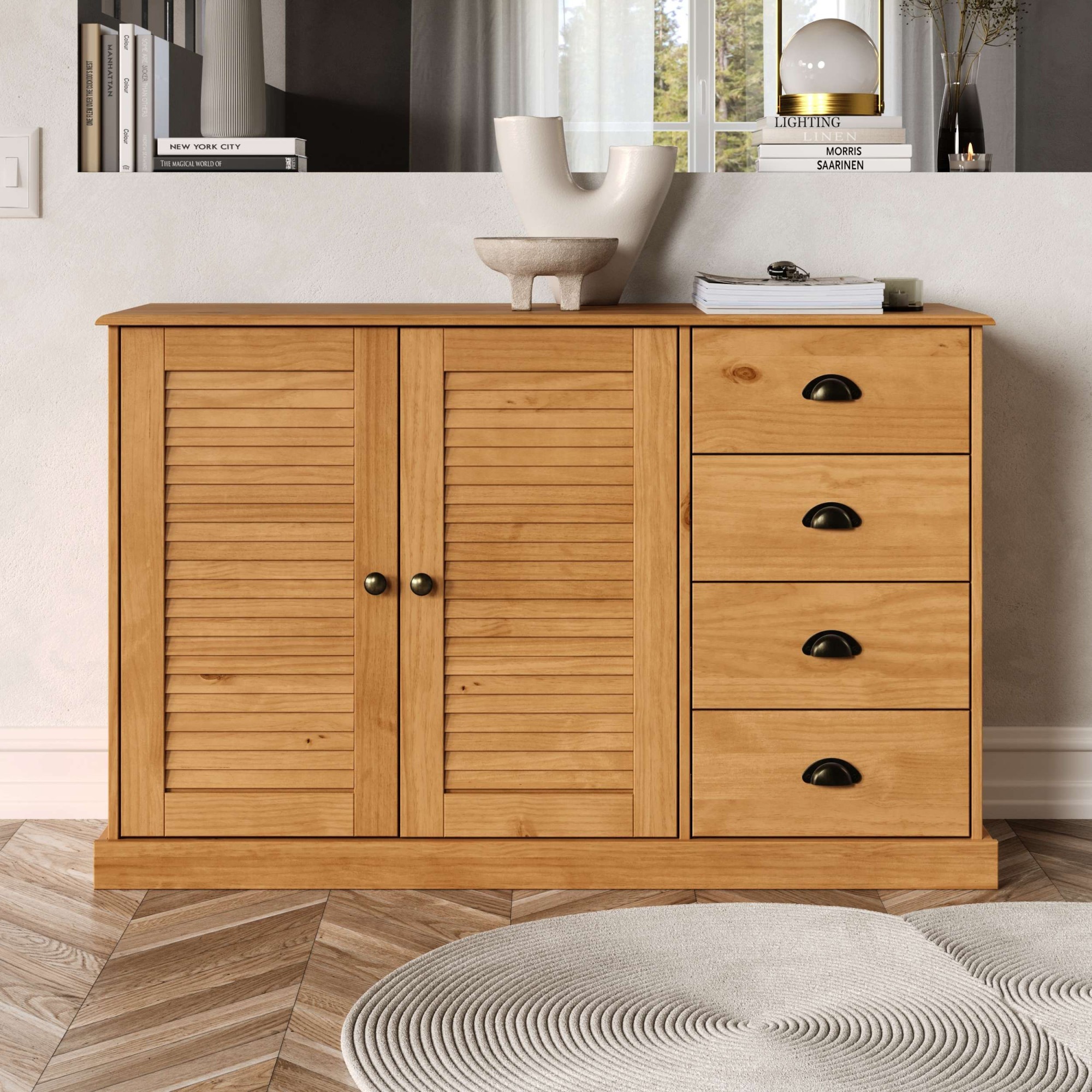Image of GOODproduct Sideboard "Turia, mit Lamellentüren" Kommode aus massivem Kiefernholz, FSC, 4 Schubkasten, Breite 125 cm