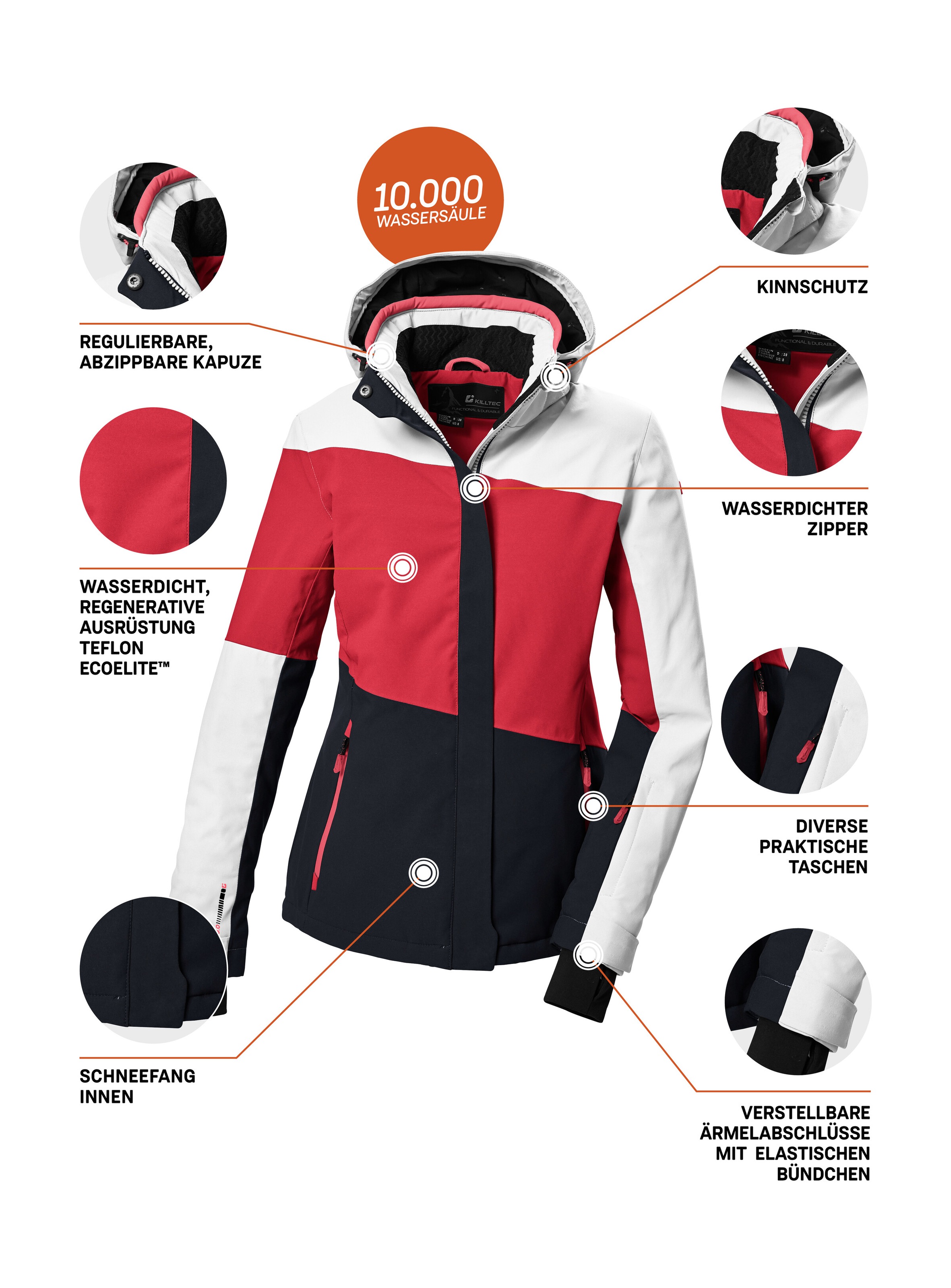 Killtec Skijacke »KSW 67 WMN SKI JCKT« Damen Skijacke: wasserdicht, atmungsaktiv, abnehmbare Kapuze