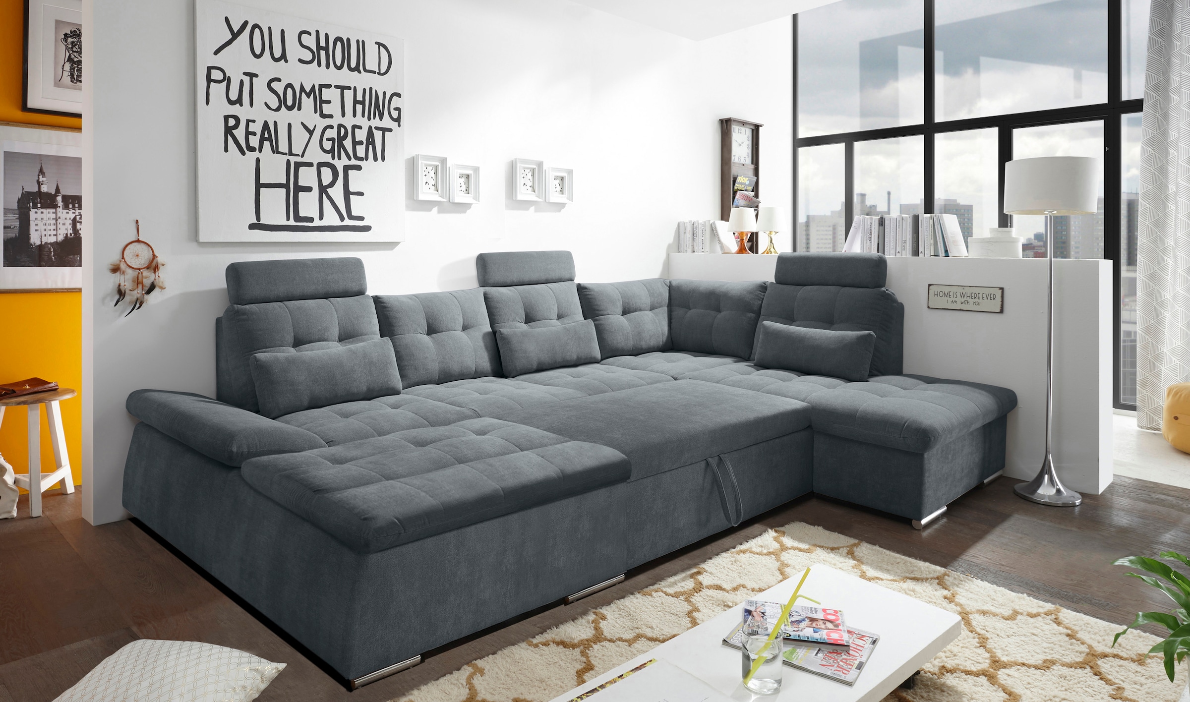 ED EXCITING DESIGN Wohnlandschaft »Nalo U-Form mit Bettfunktion, Bettkasten« Armteilverstellung, Kopfstützen & 3 Nierenkissen