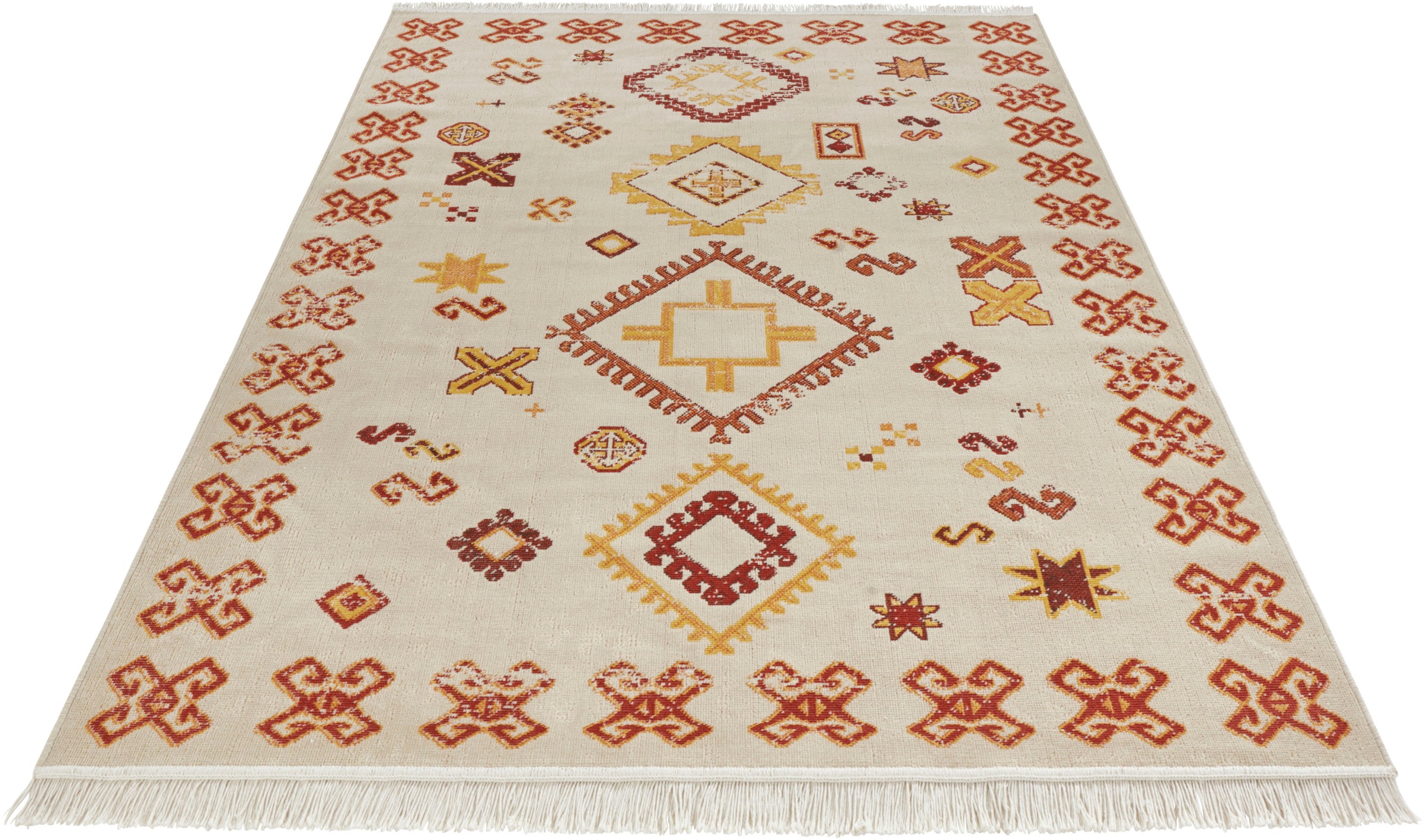 Image of NOURISTAN Designteppich »Mata«, rechteckig, 1 mm Höhe, Faltbarer Deko-Teppich, Retro Look, Vintage Design, Fransen, Wohnzimmer, Schlafzimmer, Robust, Pflegeleicht, Nachhaltig bei Ackermann Versand Schweiz