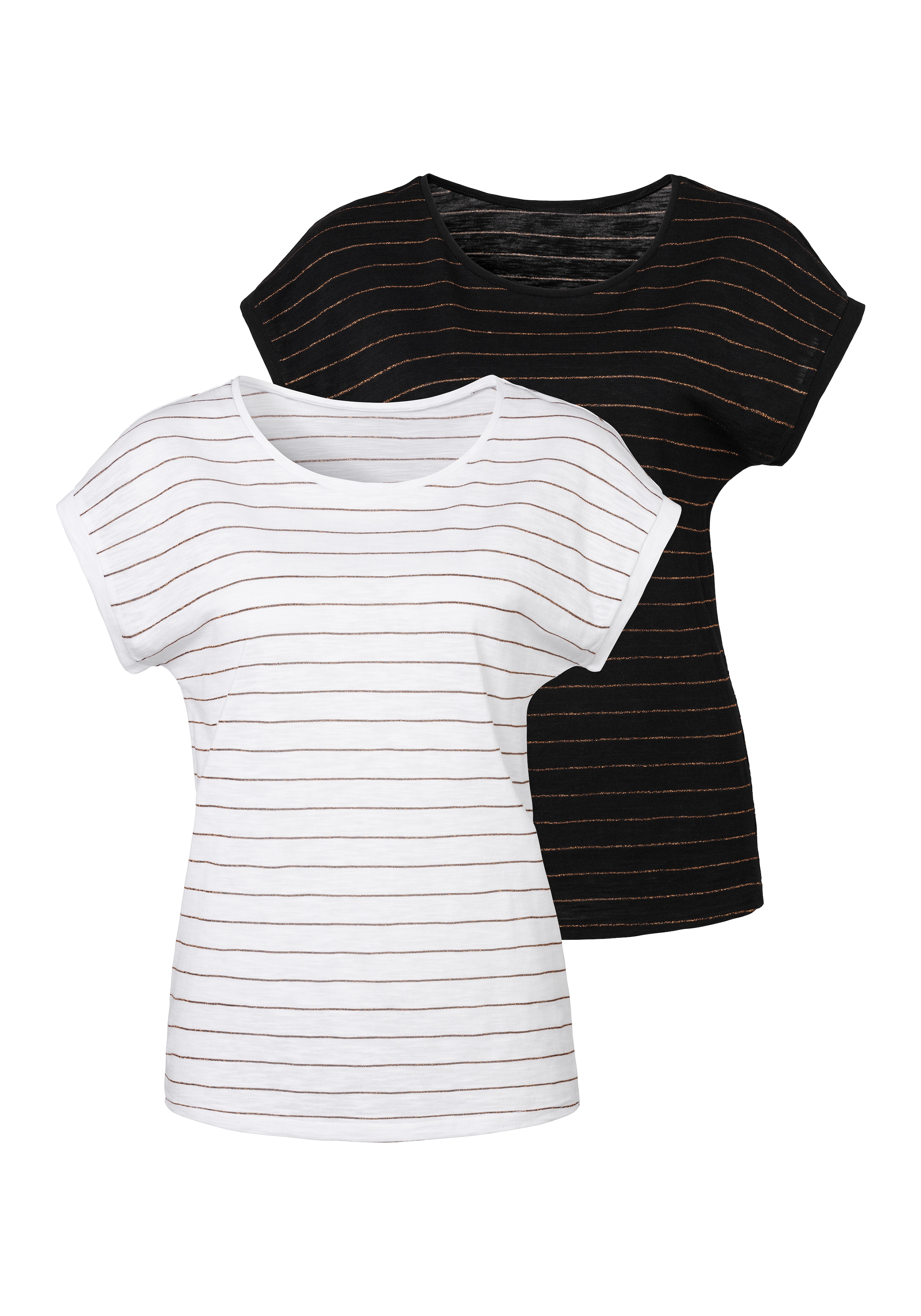 T-Shirt, (2er-Pack), mit kupferfarbenen Lurex-Streifen