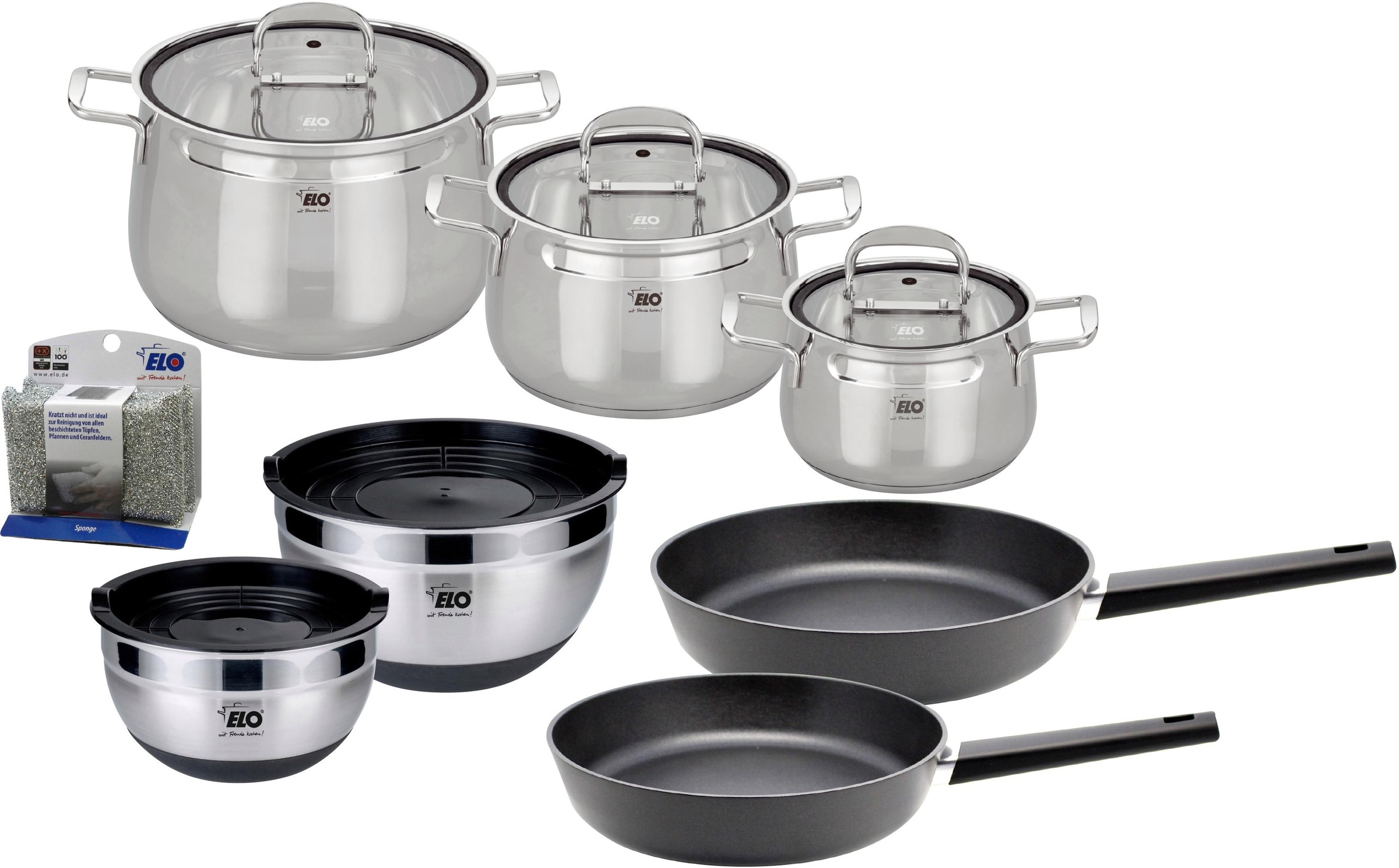 Image of Elo Topf-Set »Mystery«, Edelstahl 18/8, (Set, 12 tlg.), + 2 Pfannen + 2 Schüsseln + Spülschwamm-Set, Induktion bei Ackermann Versand Schweiz