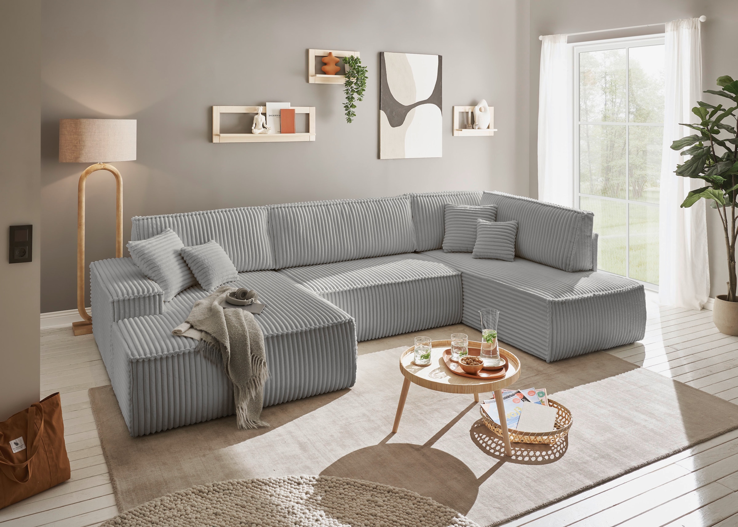 andas Wohnlandschaft »FINNLEY U-Form XXL 329 cm, Schlafsofa, Schlaffunktion m. Bettkasten«, (194/139 cm), Bouclé, Struktur und Cord