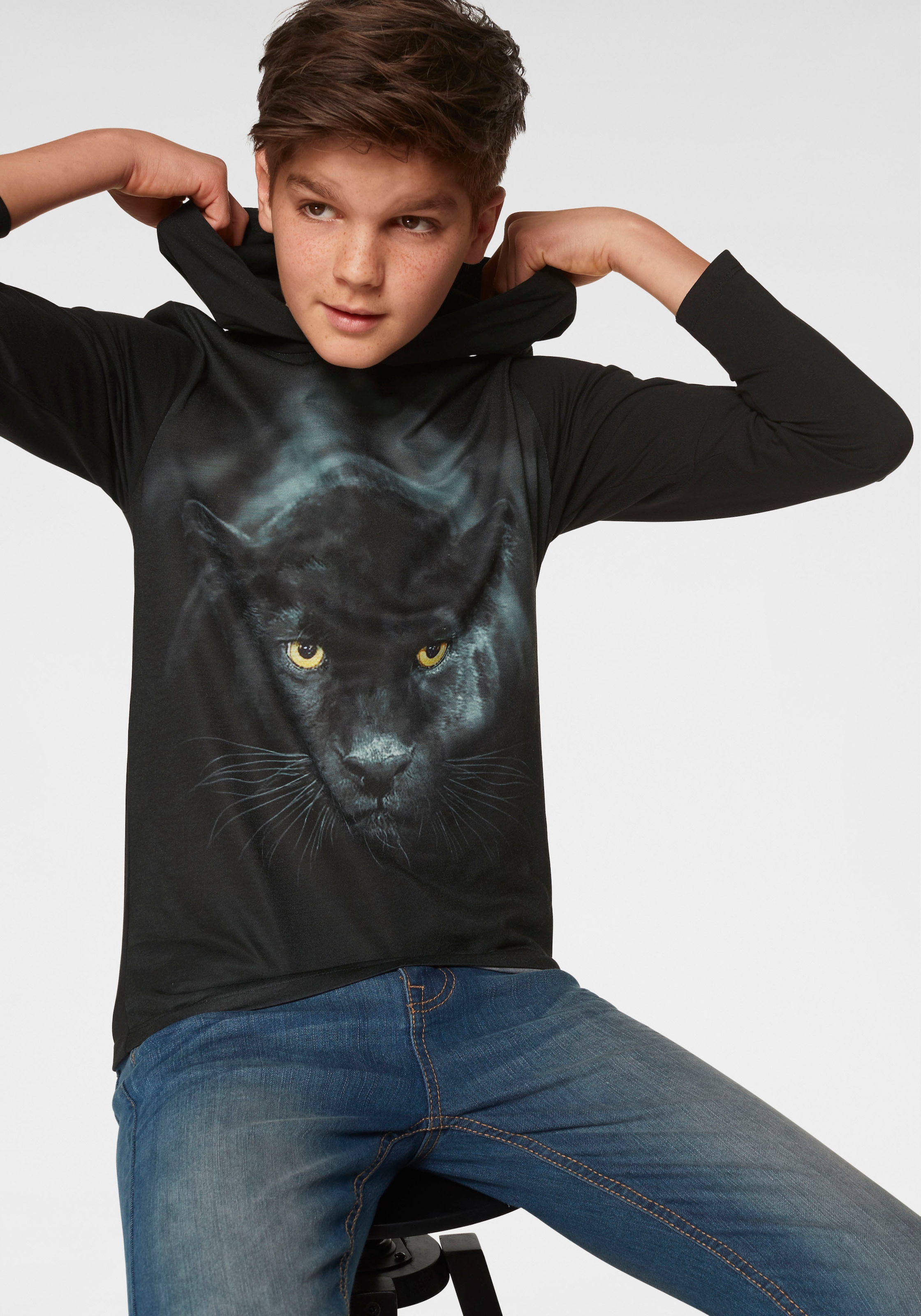 Image of KIDSWORLD Kapuzenshirt "PANTHER - Fotodruck" Langarm, Basic-Passform, mit peppigem Druck, aus Baumwolle