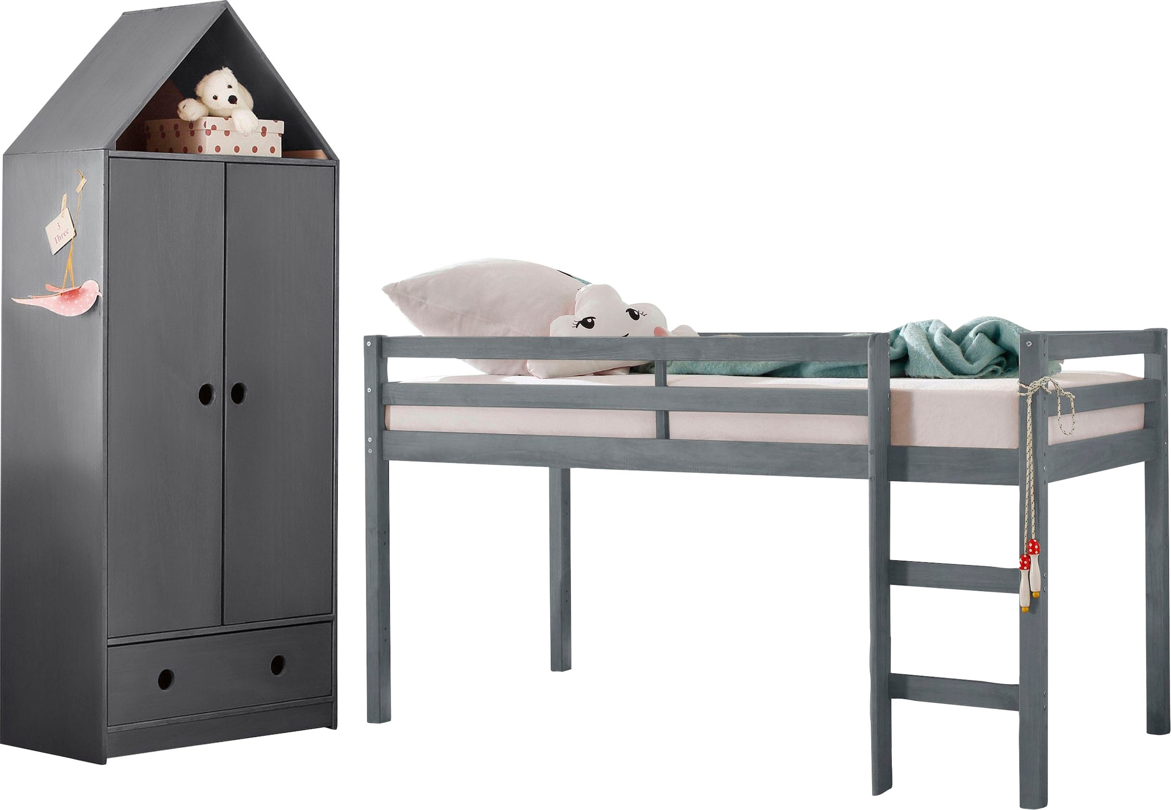 Jugendzimmer-Set »Alpi«, (Spar-Set, 2 tlg.), Hochbett und Kleiderschrank in Hausoptik,...