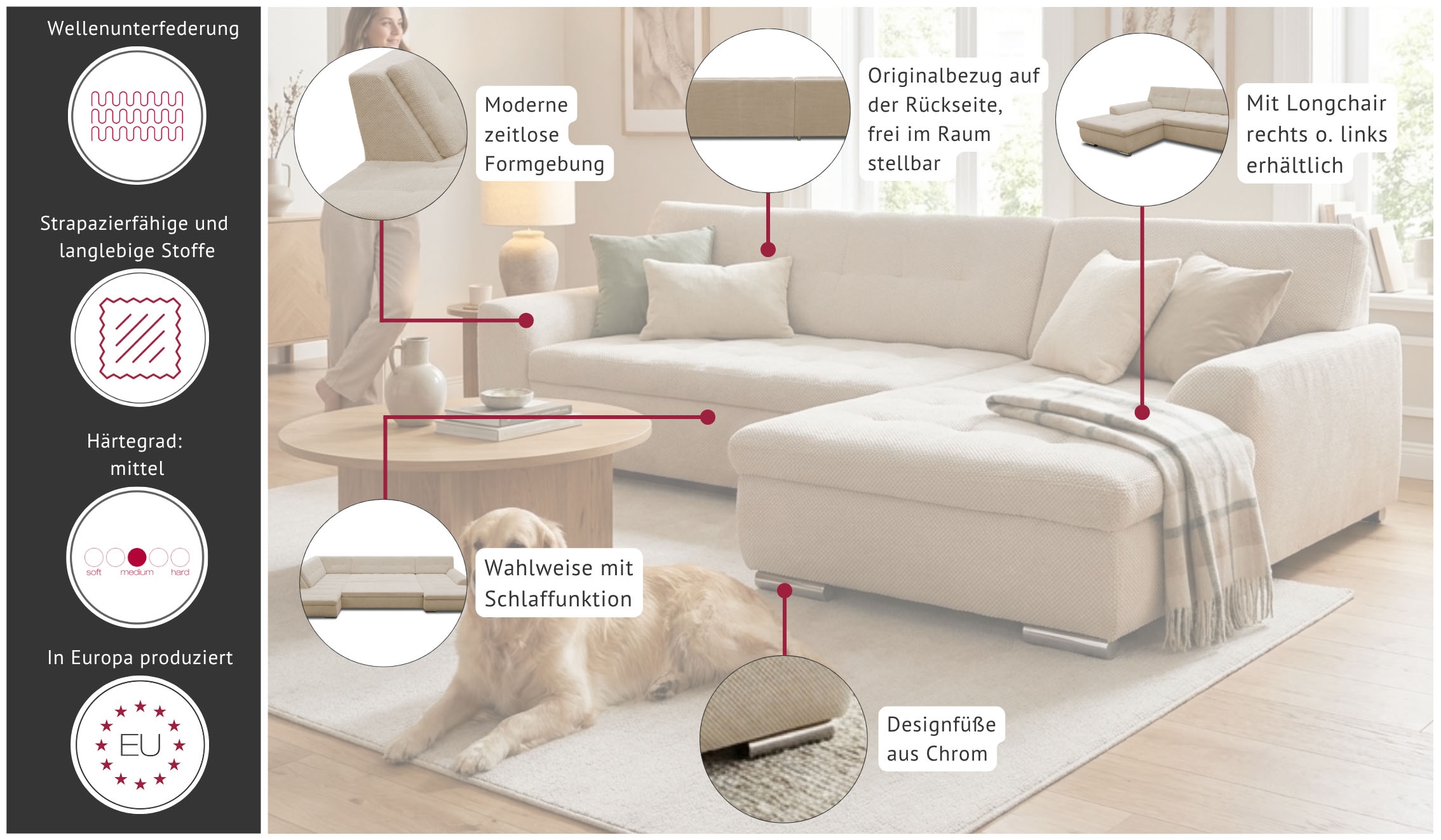 GOODproduct Canapé d'angle »Tornby 268 x 178 cm, mit Steppungen, modern & stabil« forme en L, en microfibre de luxe douce et facile d'entretien