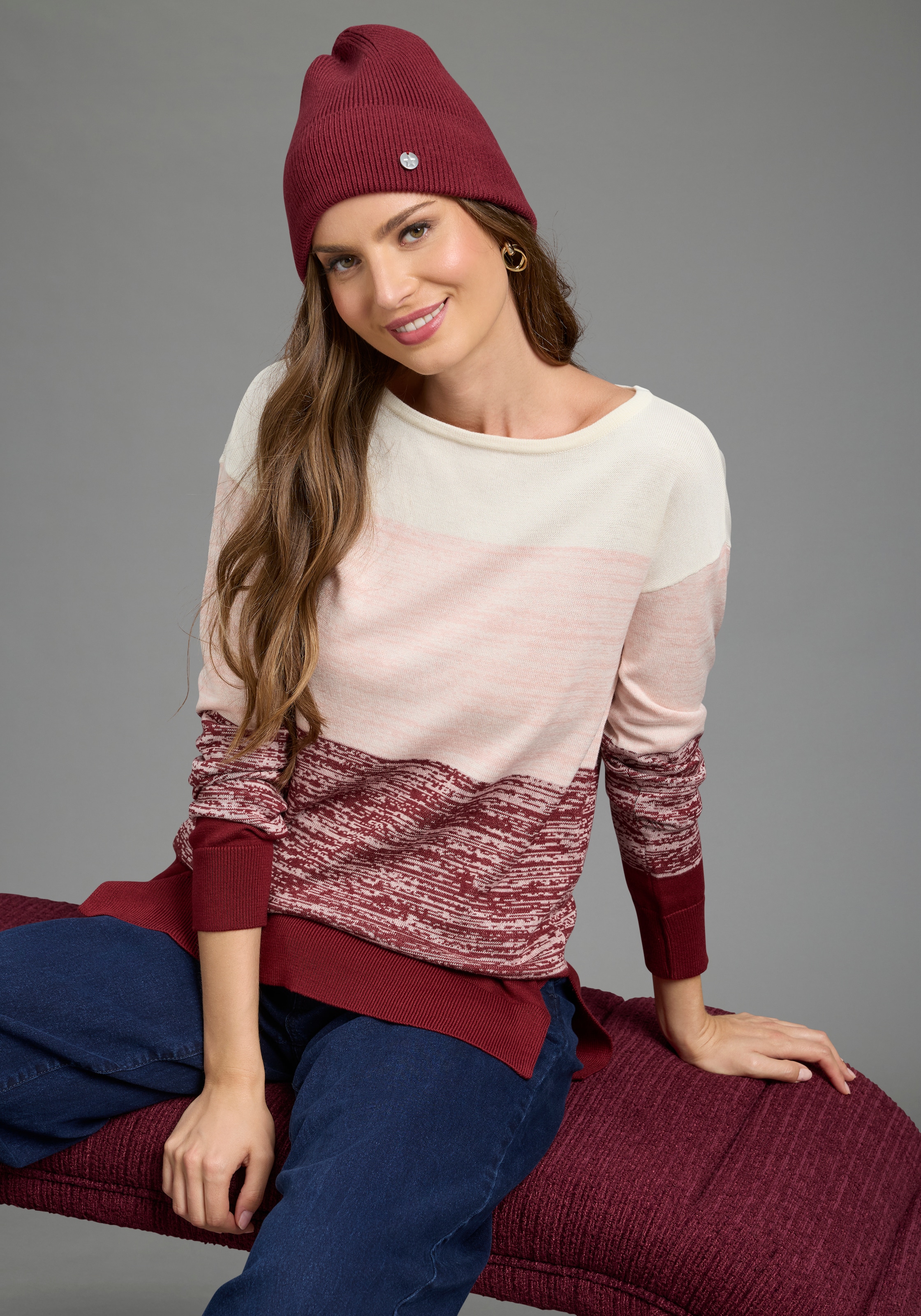 Image of Laura Scott Strickpullover "mit breiten, melierten Streifen" aus Feinstrick, figurumspielende Passform