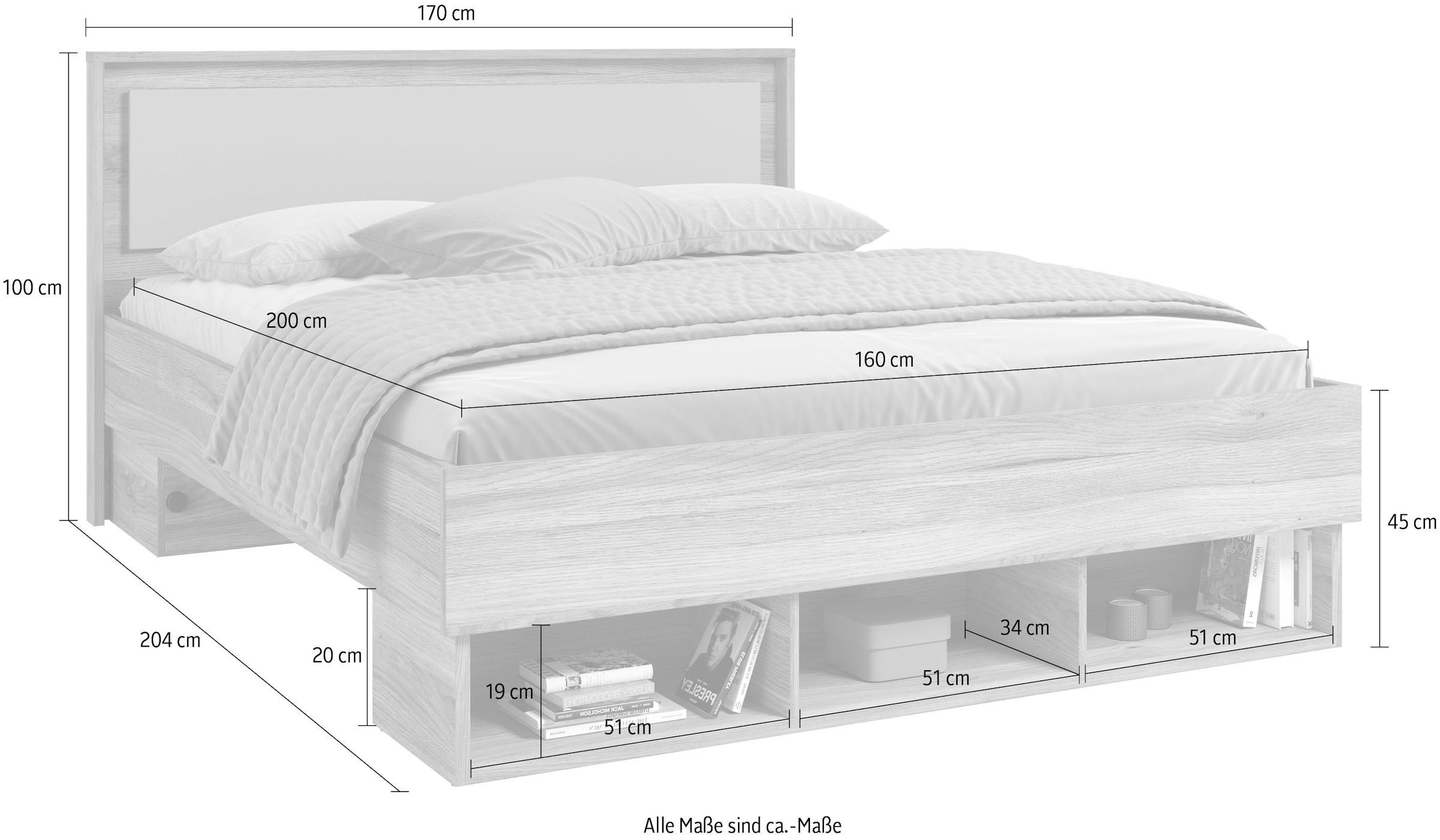 Home affaire Bettgestell »Wharton, 140, 160 oder 180cm Breite, Made in Europe«, (mit oder ohne Stauraumschubladen), Doppelbett mit offenen Regalen, FSC-zertifizierter Holzwerkstoff