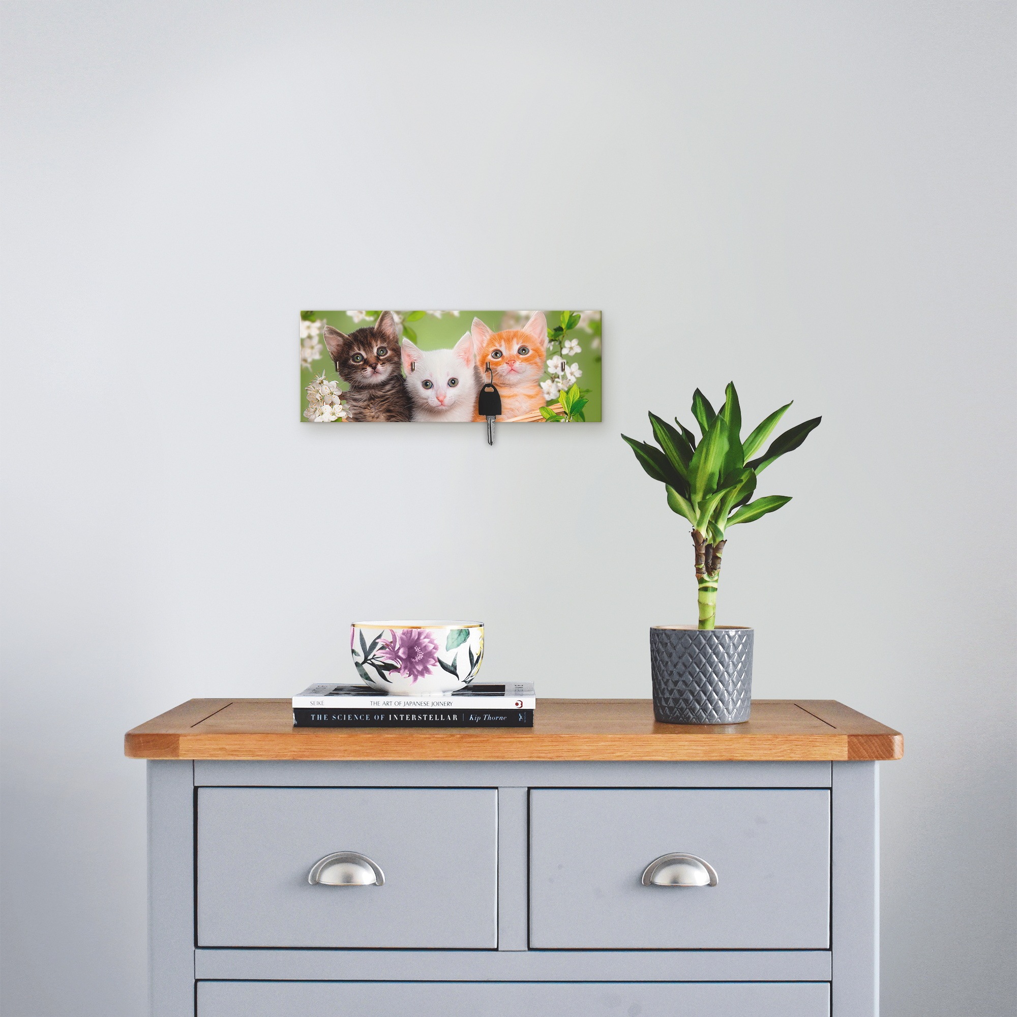 Image of Artland Hakenleiste »Katzen sitzen in einem Korb«, aus Holz mit 4 Schlüsselhaken – Schlüsselboard, Schlüsselbretter, Schlüsselhalter, Schlüsselaufhänger für den Flur – Stil: Modern bei Ackermann Versand Schweiz