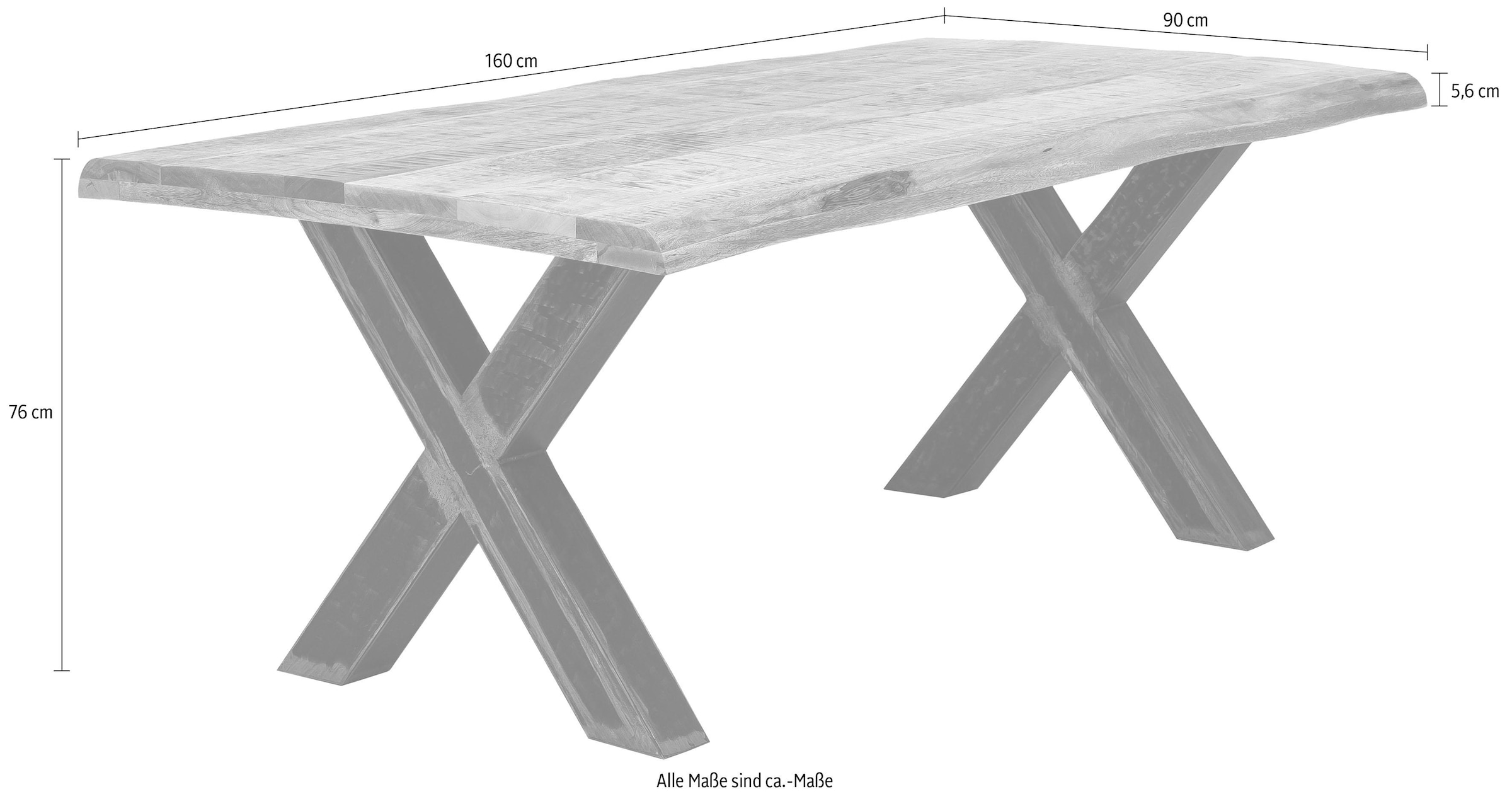 SIT Table de salle à manger »Quito Mango Massivholz mit Baumkante & X-Gestell im Used-Look« Chant en manguier massif avec structure en X marquée