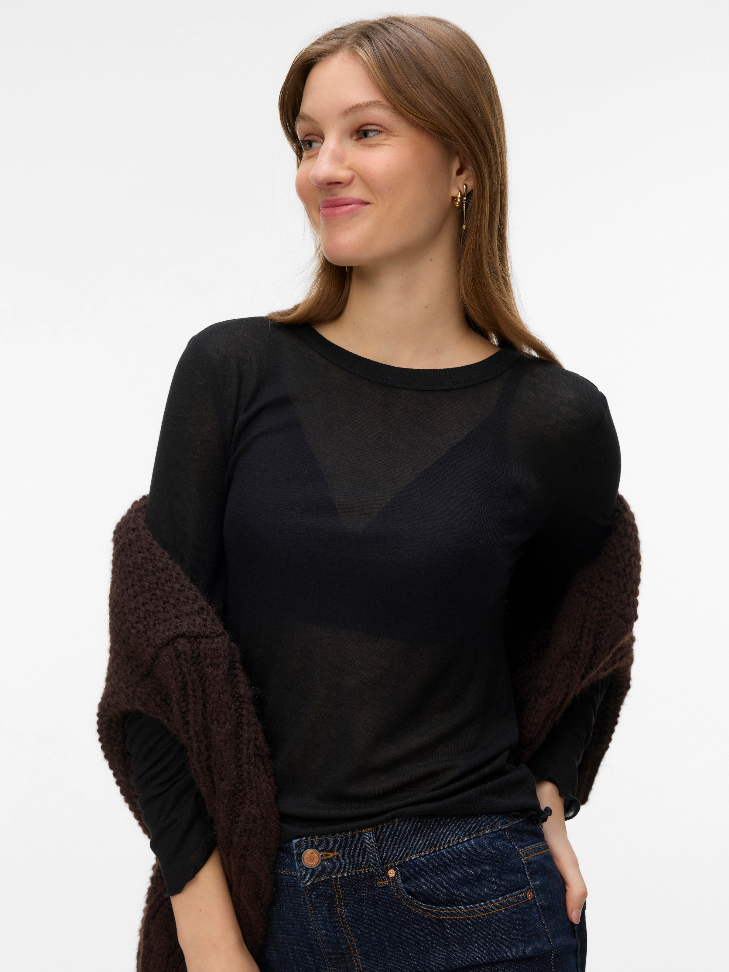 Image of Vero Moda Langarmshirt "VMARIEL LS TOP JRS NOOS" Materialmix, gewellter Saum