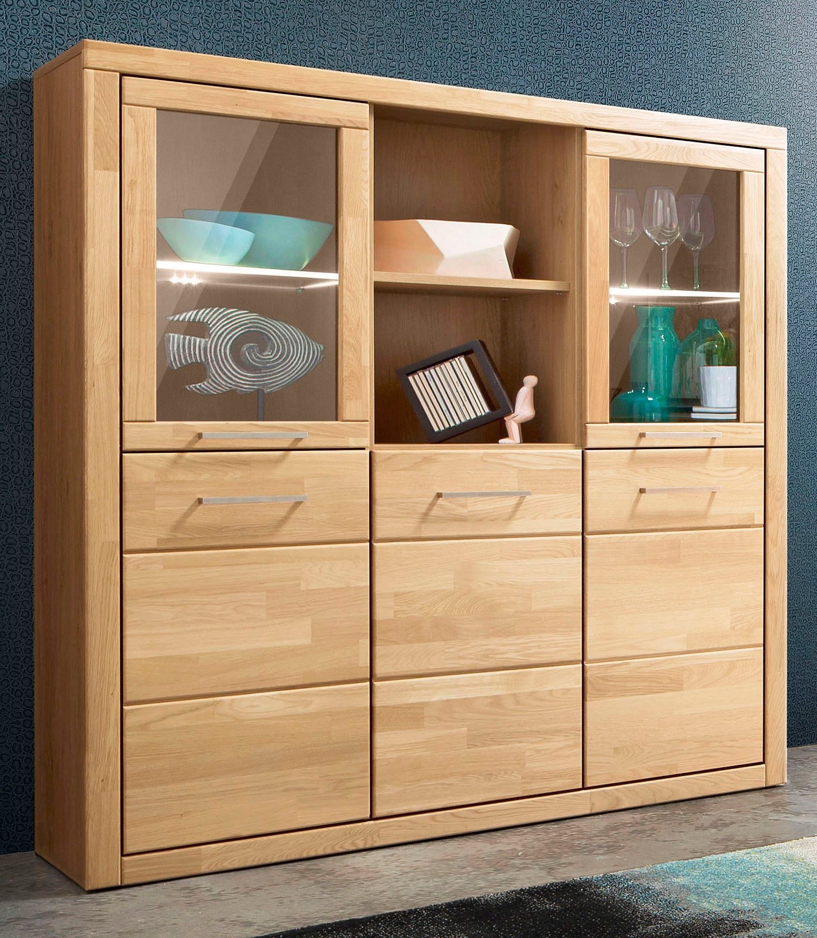 Image of GOODproduct Highboard "Trondheim,130cm breit,42 cm tief, Fronten Holzmassiv, Metallgriffe" Korpus aus Holzwerkstoff,4 Türen,12 Fächer, Böden teilweise versetzbar