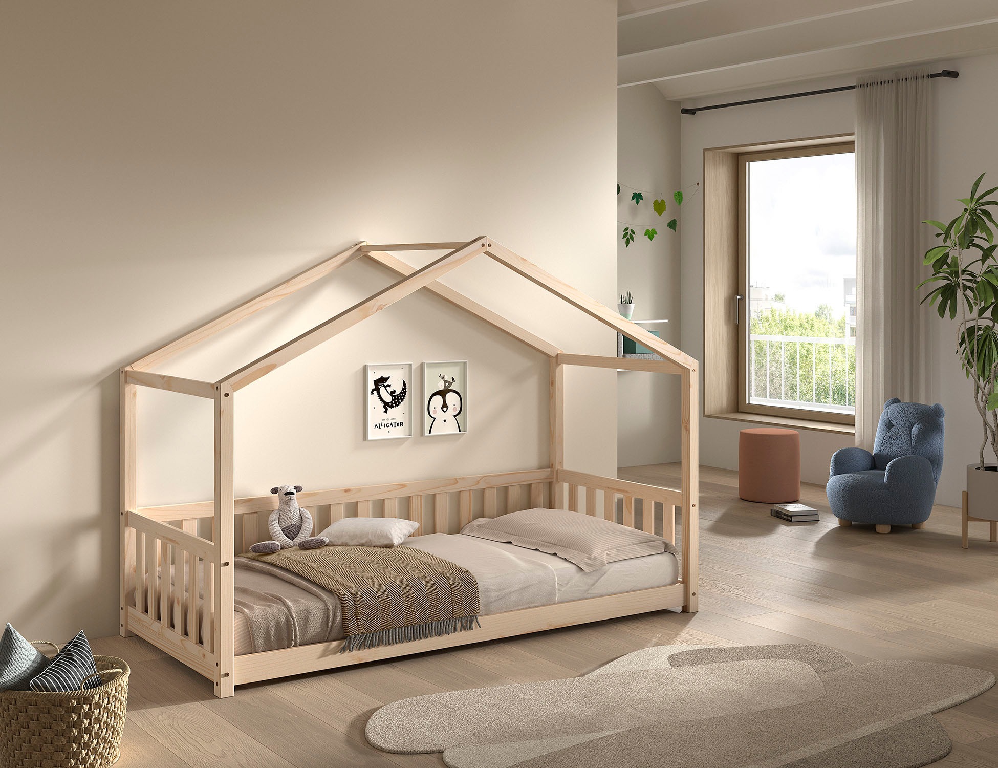 Vipack Hausbett »Dallas, Massivholzbett mit Dachaufbau umbaubar vom Boden- zum Daybett« inkl. Rolllattenrost und Sprossenumrandung, 90 oder 140x200 cm breit,  stabil und standfest gebaut, wahlweise Kiefer massiv natur oder weiss