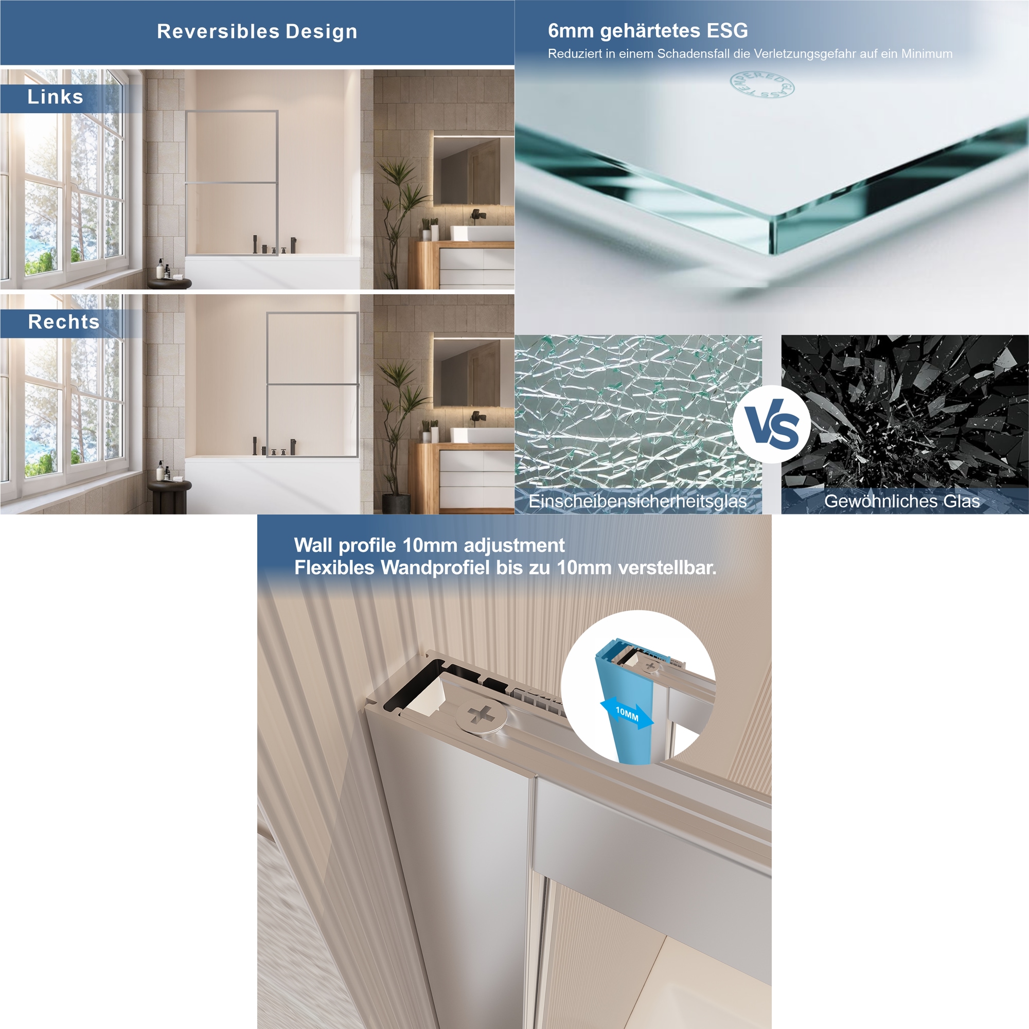 welltime Rehausse de baignoire »Block« 1 cuis tlg. 6mm ESG et traitement anticalcaire, cadre extra fin