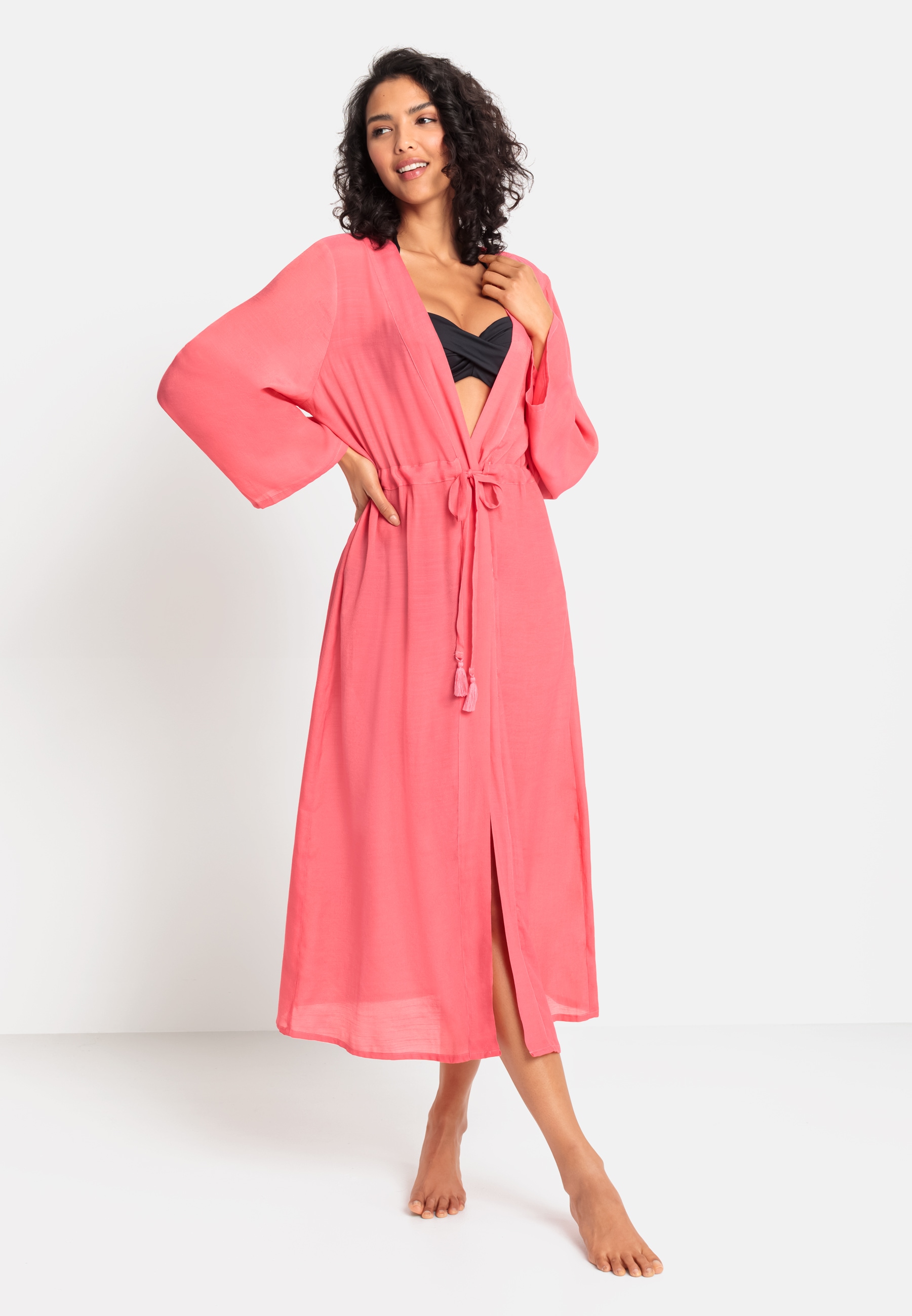 Strandkleid, im Kimono-Style zum Binden, langärmliges Sommerkleid, Kaftan