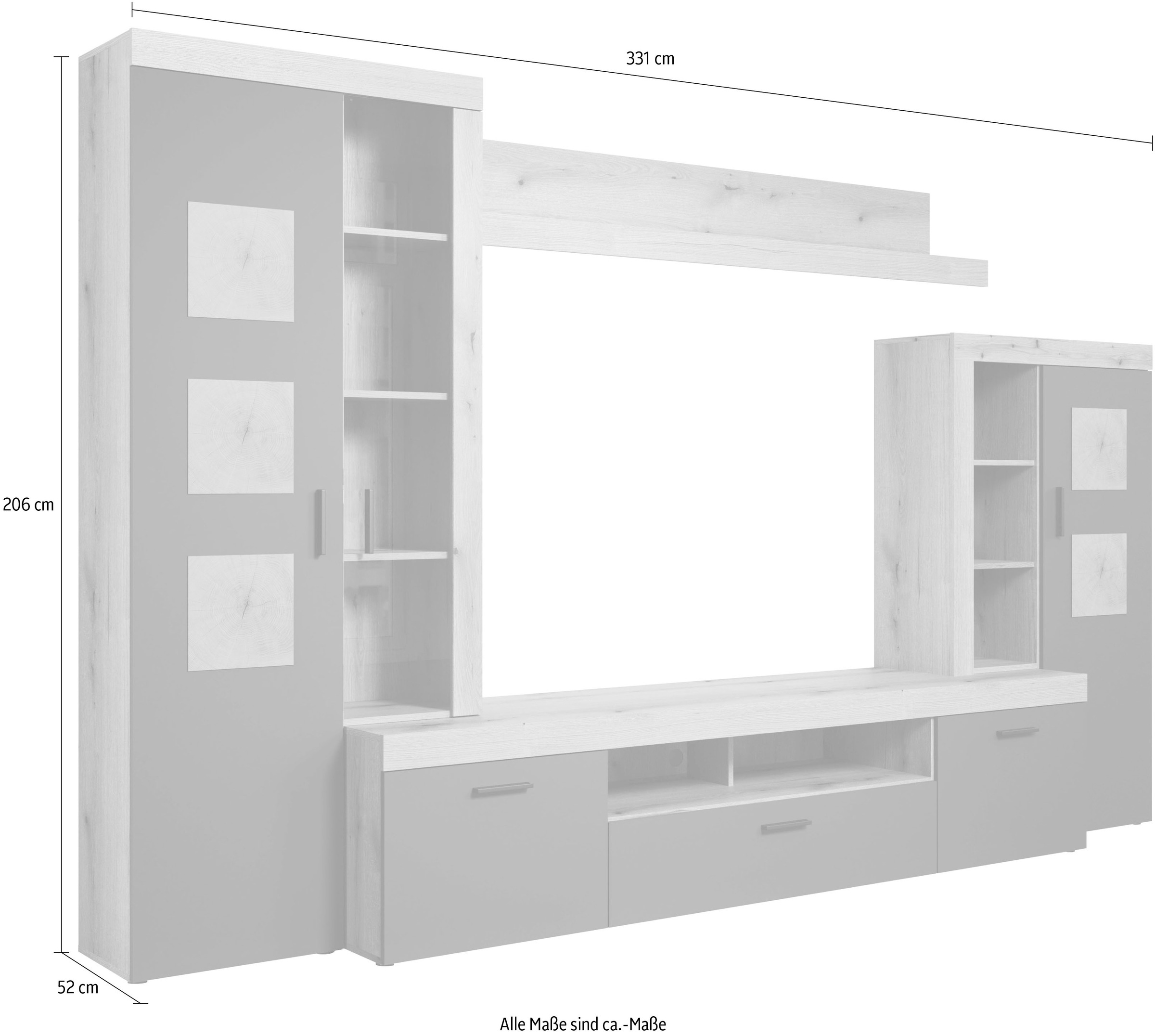 Home affaire Wohnwand »Ghent«, (Komplett-Set, 4 St.), Mit Hirnholzapplikationen - Aufgebaut (B/T/H): 331/52/206 cm