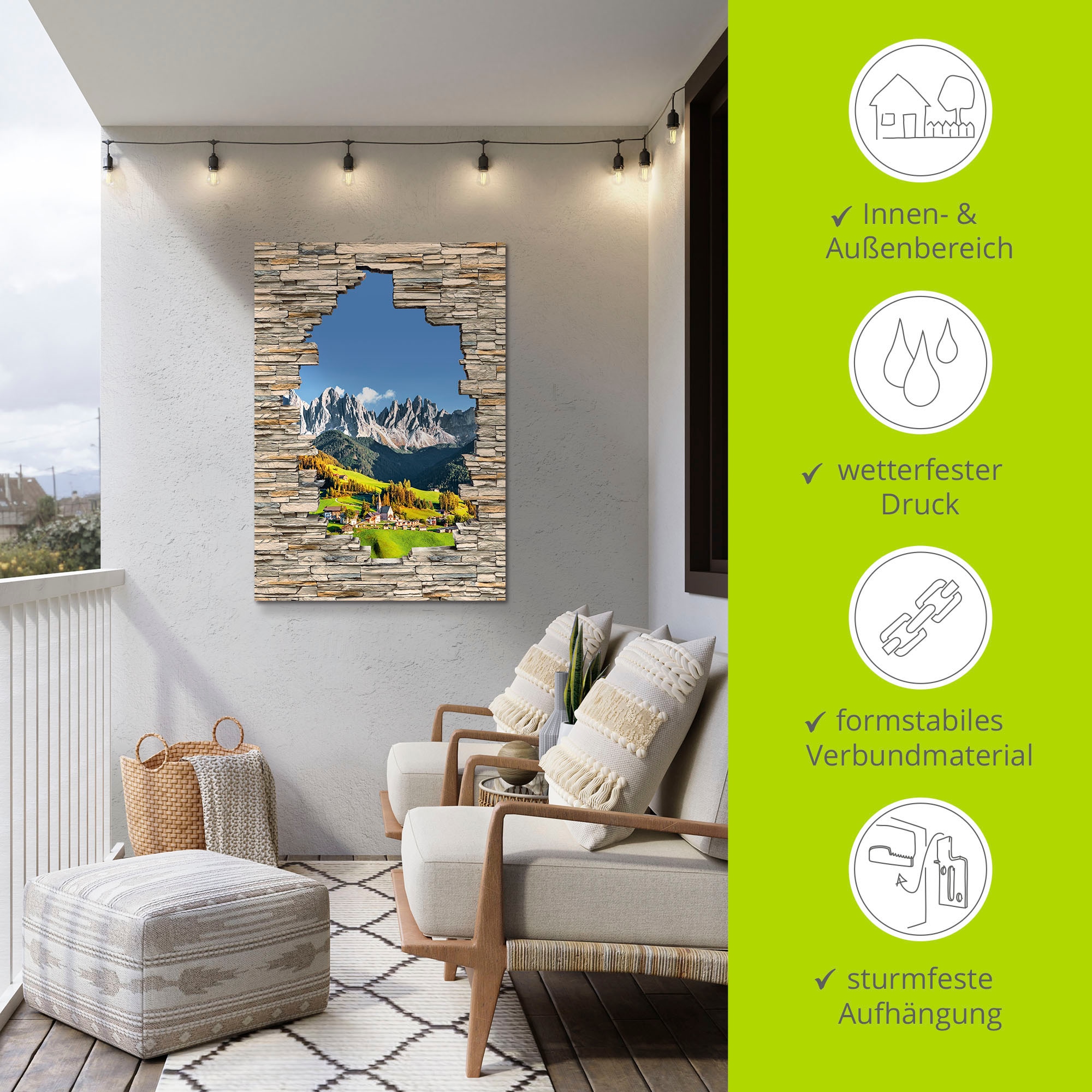 Artland Wandbild »Alpen Berge Santa Maddalena Stein Mauer«, Berge & Alpenbilder, (1 St.), als Alubild, Outdoorbild, Wandaufkleber in verschied. Grössen