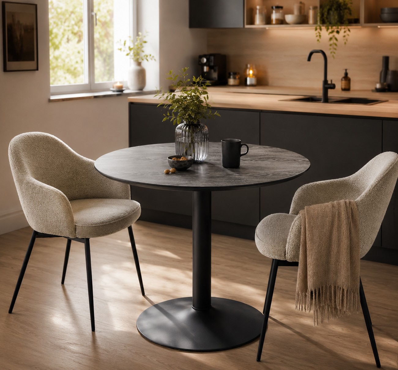 ACTONA GROUP Table de salle à manger »Ibiza, Runder Küchentisch - pflegeleicht, platzsparend & robust« Tisch, Tulpentisch, 1 cuis tlg. Cafetisch, Esstisch rund Ø 80 cm, Schwarz, mit Trompete Gestell