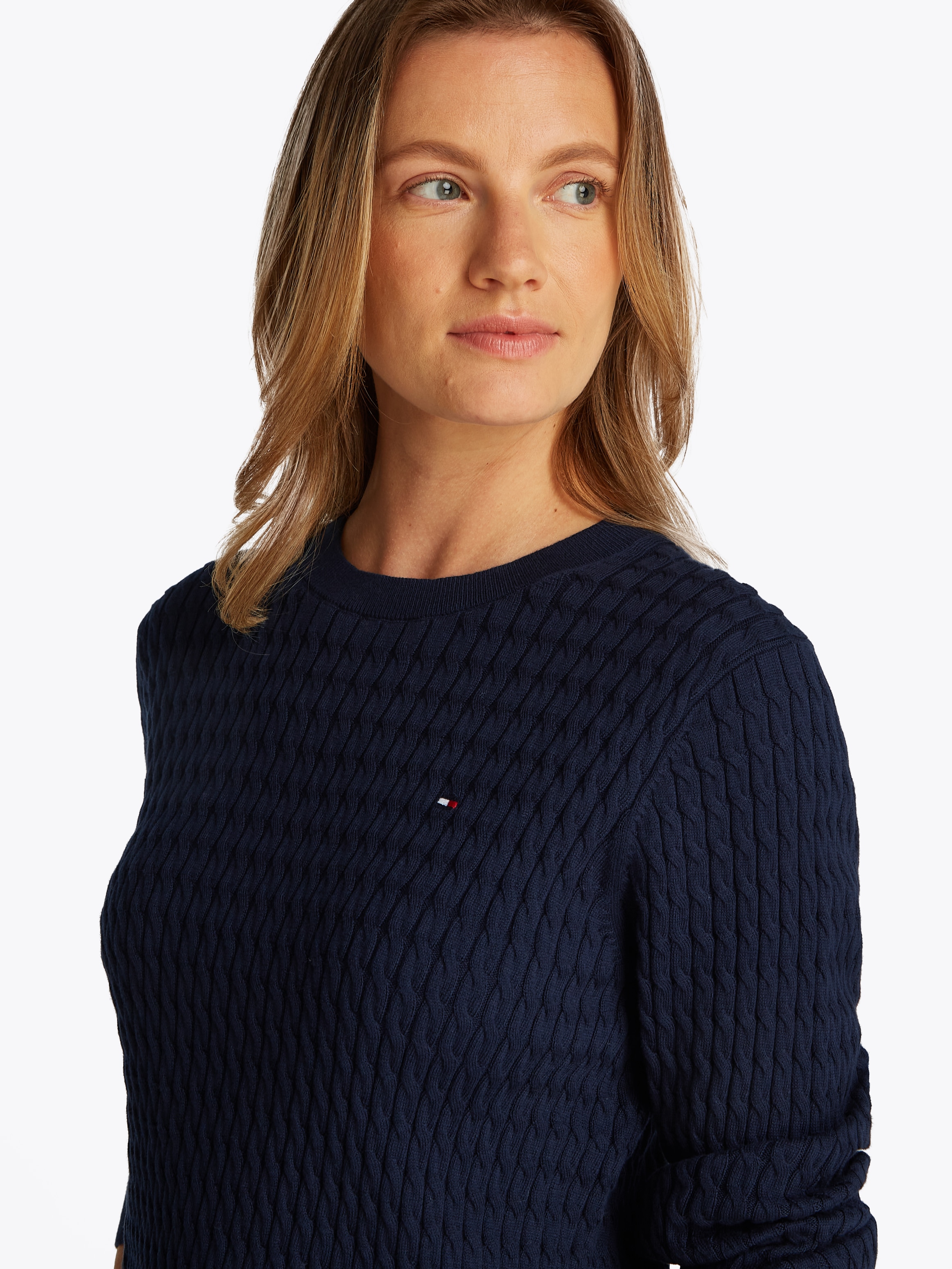 Tommy Hilfiger Rundhalspullover »CO CABLE C-NK LS SWEATER«, mit Zopfmuster