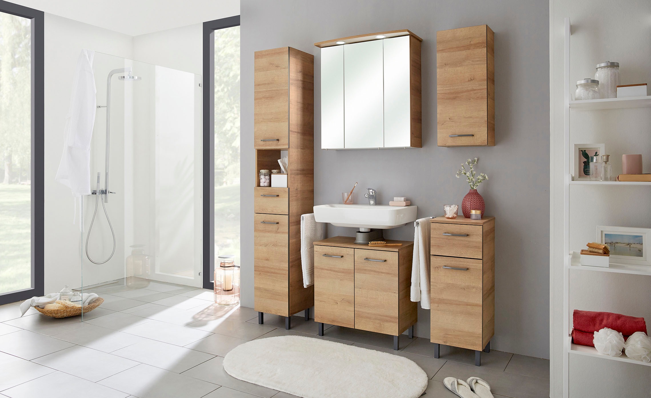 Saphir Unterschrank »Quickset 919 Badschrank mit 1 Tür, 1 Schublade, 30 cm breit« Badezimmermöbel, Riviera Eiche quer Nachbildung, Griffe in Grau