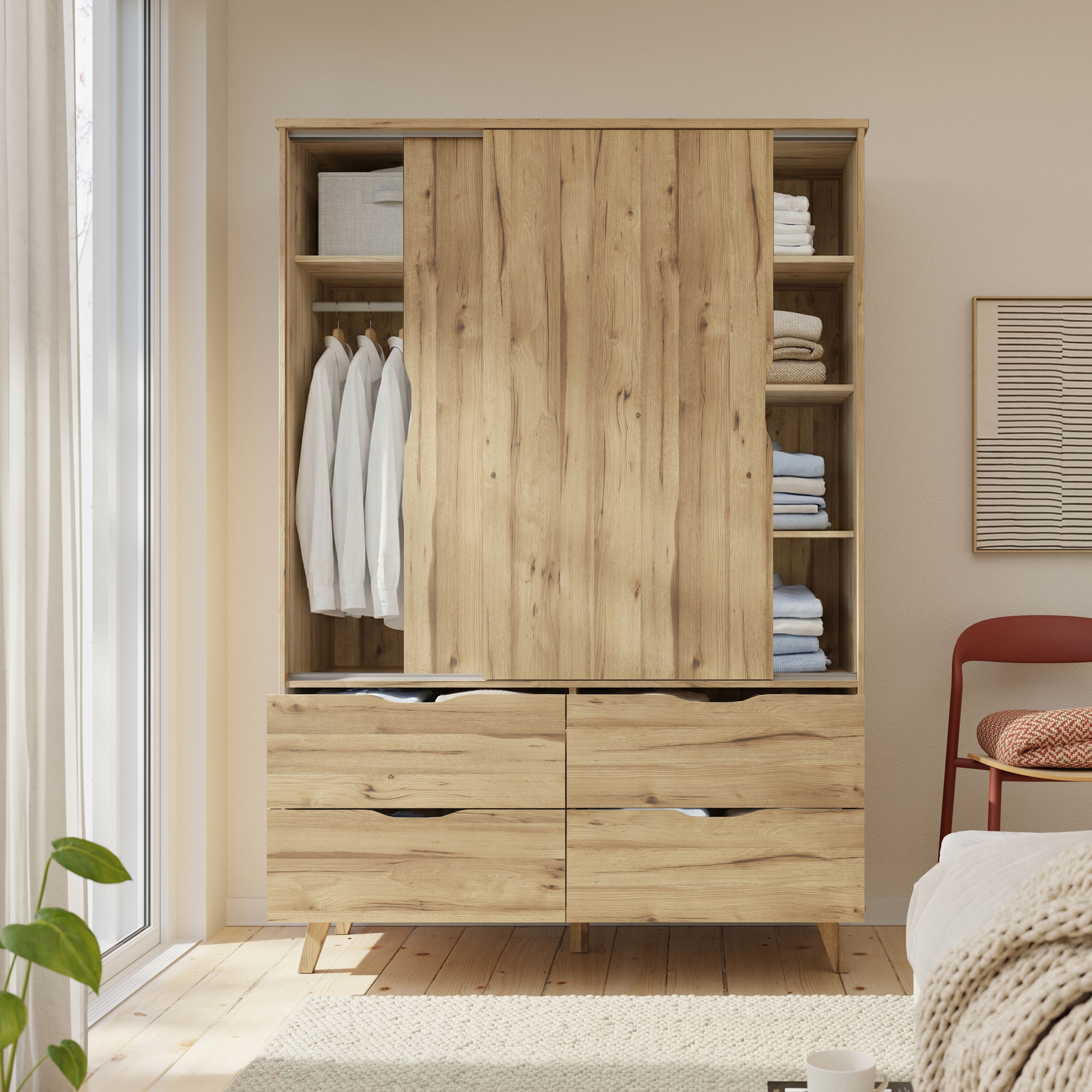 FORTE Schiebetürenschrank »Vankka Viel Stauraum, skandinavischer Stil« B/H/T ca.140x200x50cm,  Made in Europe, mit Einlegeböden+Kleiderstange+Schubladen,grifflos