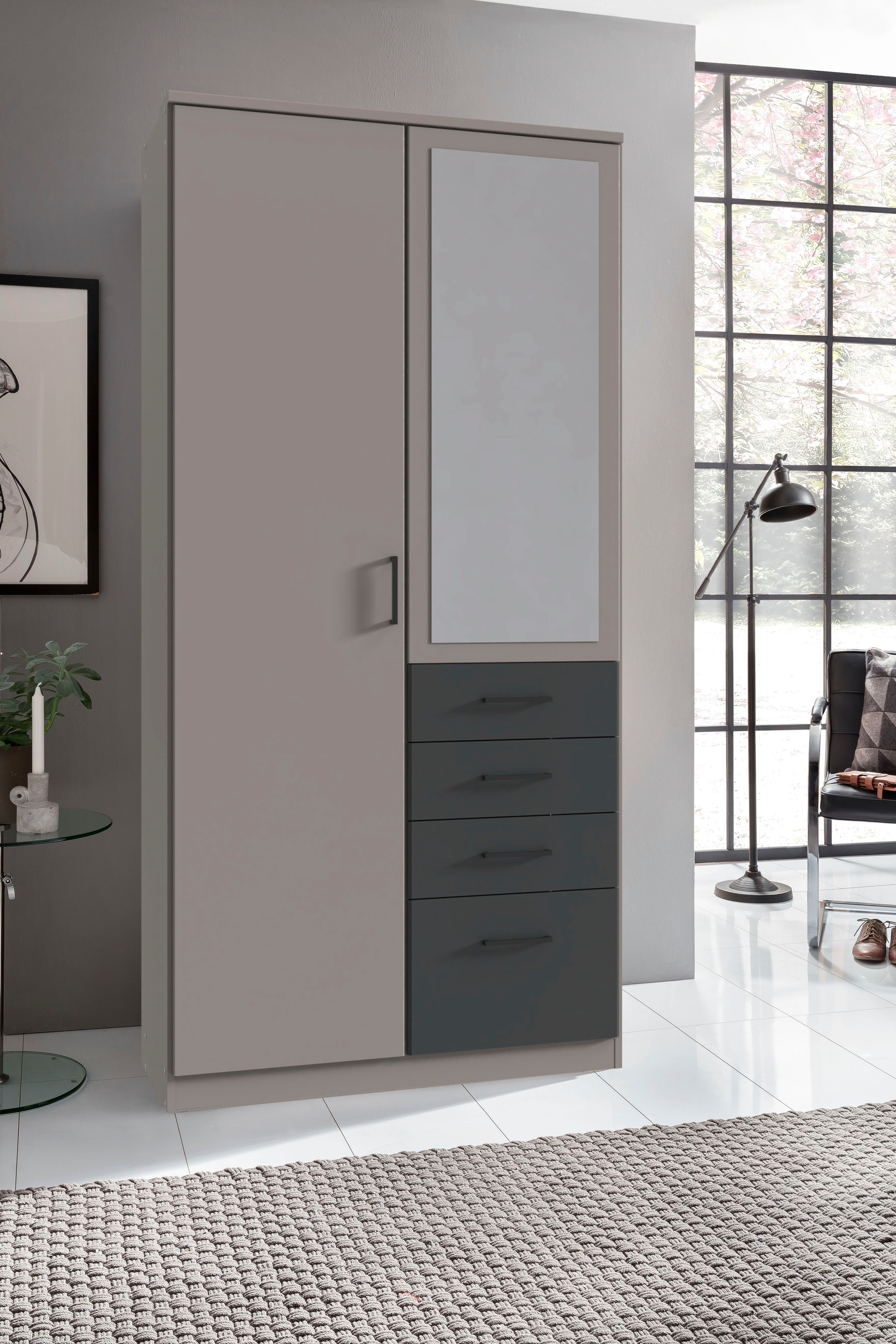 Wimex Kleiderschrank »Cottbus, in weiss oder grau modern kombiniert mit graphitfb.Schubladen«, (in 3 Grössen, schwarze Griffe, Made in Germany), mit 4 Schubladen, wahlweise mit oder ohne Spiegel