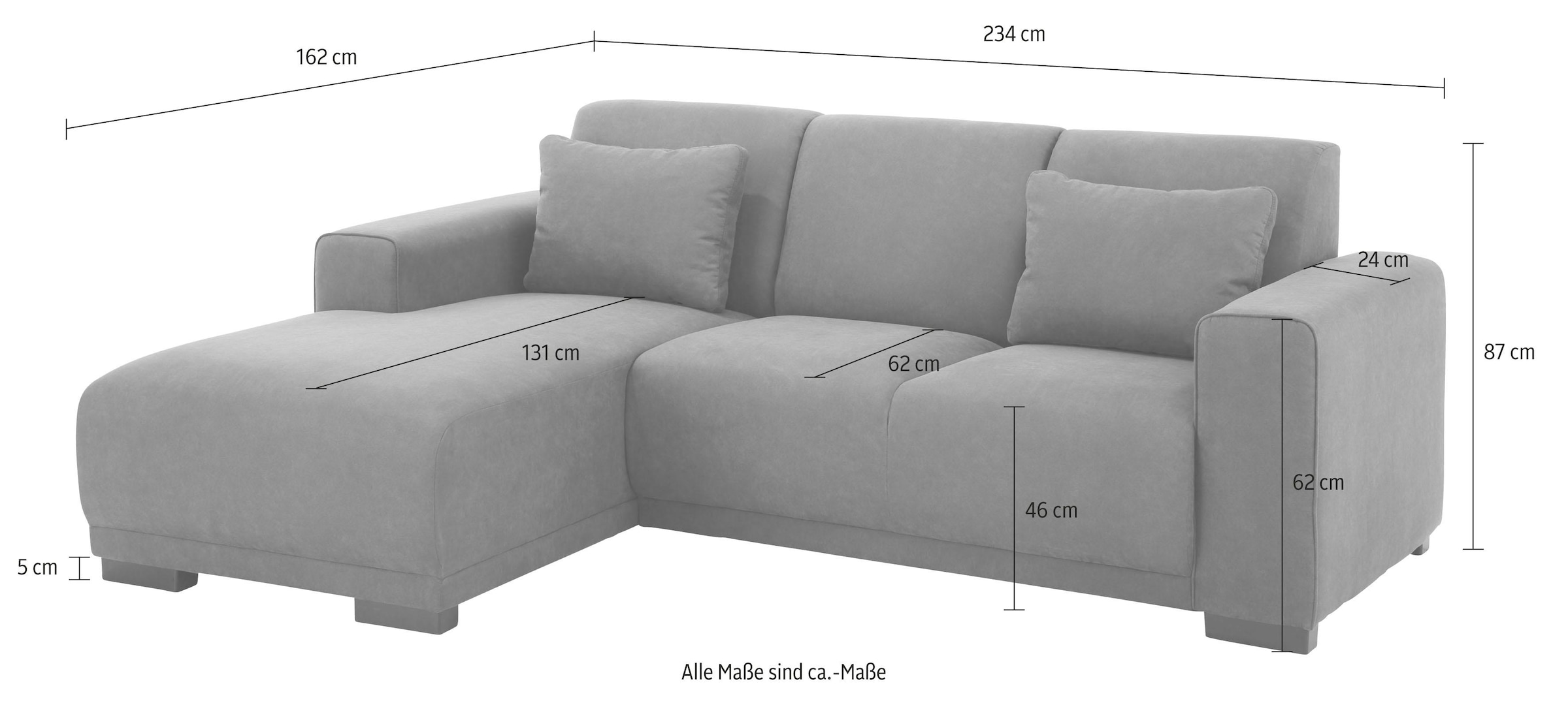 Home affaire Ecksofa »BORNHOLM L-Form mit Recamiere, Masse B/T/H: 234/162/85 cm«, Recamiere links oder rechts bestellbar, Wellenfederung, inkl. 2 Kissen