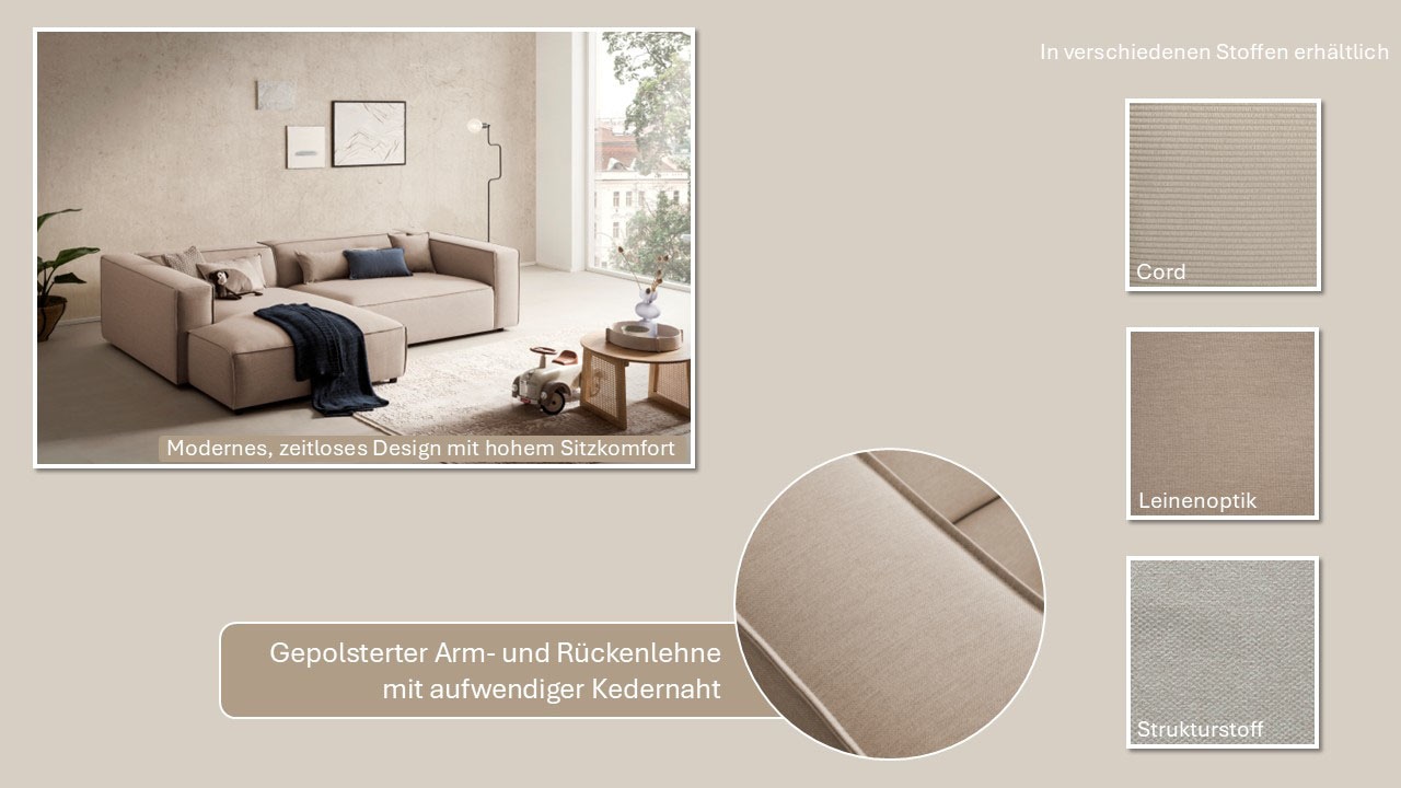 LeGer Home by Lena Gercke Ecksofa »PIARA XXL, Big-Sofa in Cord oder Leinenoptik, L-Form, mit Kedernaht«, wahlweise Ottomane rechts/links, schwarze Füsse, extra tiefe Sitzfläche