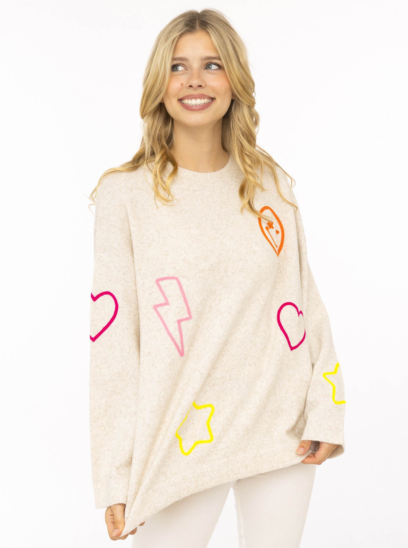 Image of Zwillingsherz Strickpullover ""Happy Patch"" mit bunten, kontrastreichen Motiven, Rundhals, oversize