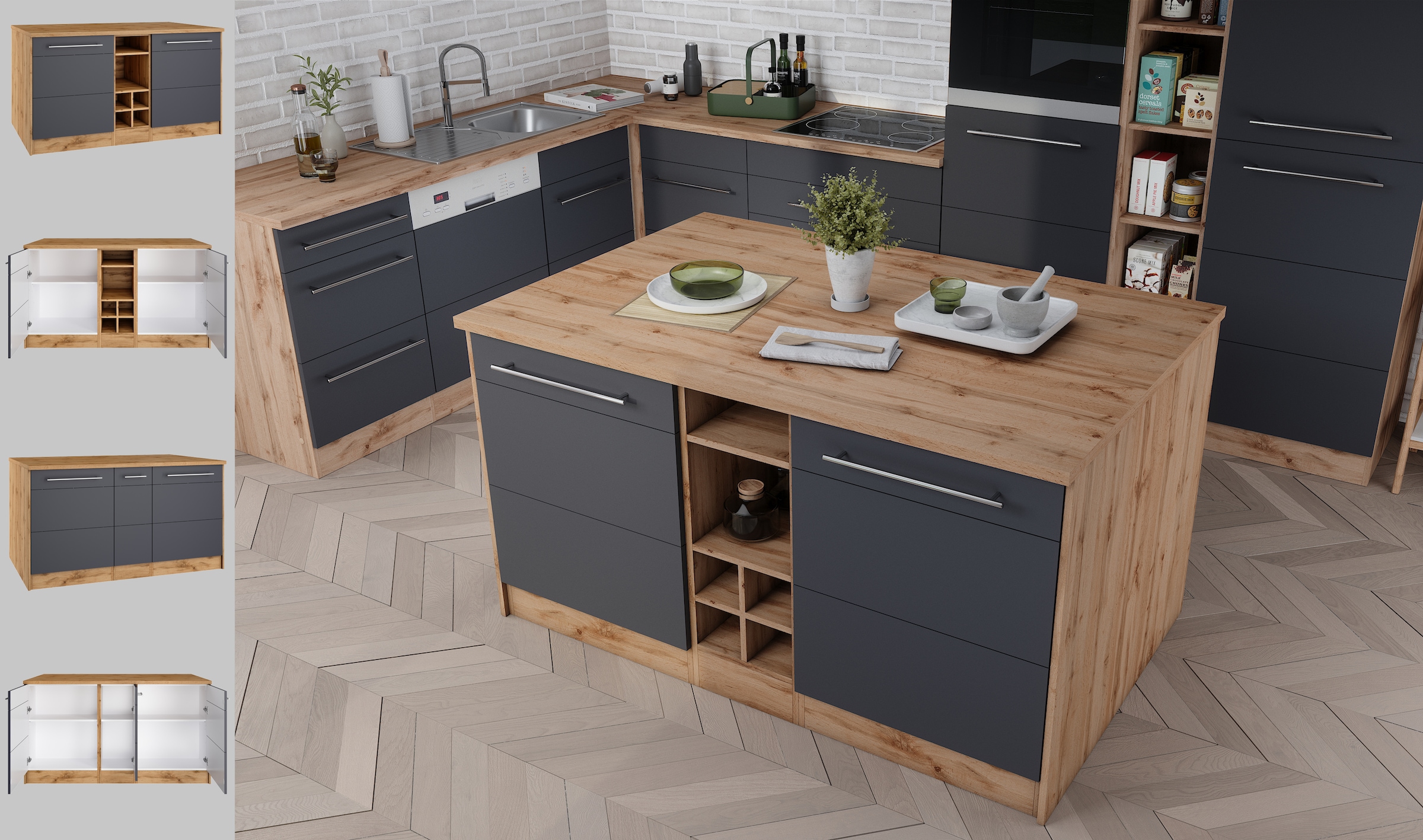 KOCHSTATION Kücheninsel »KS-Wien« Breite 153 cm, MDF-Fronten, Flaschenregal
