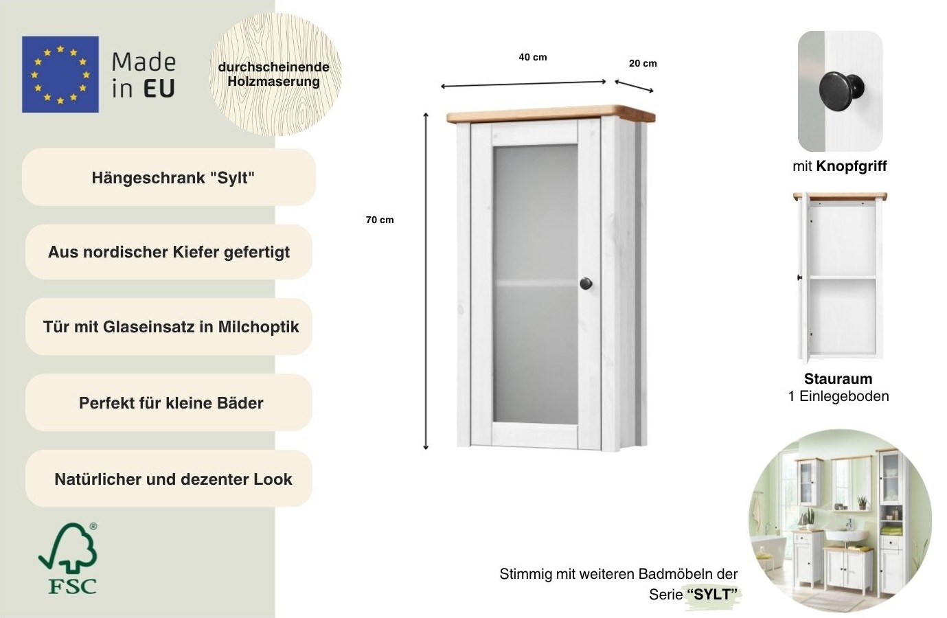 welltime Hängeschrank »Sylt« Breite 40 cm, aus Massivholz Kiefer