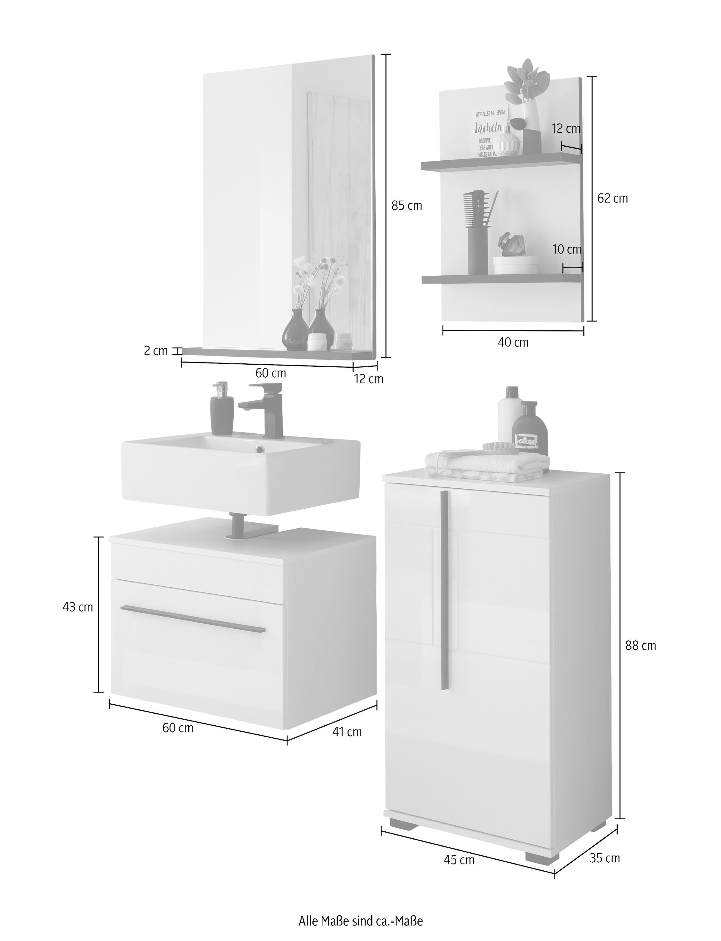 INOSIGN Badmöbel-Set »Cantara, Bad im modernen Design, 4-teiliges Badezimmer«, (Set, 4 St.), Unterschrank, Schrank, Hängeregal und Spiegel, in Weiss Hochglanz