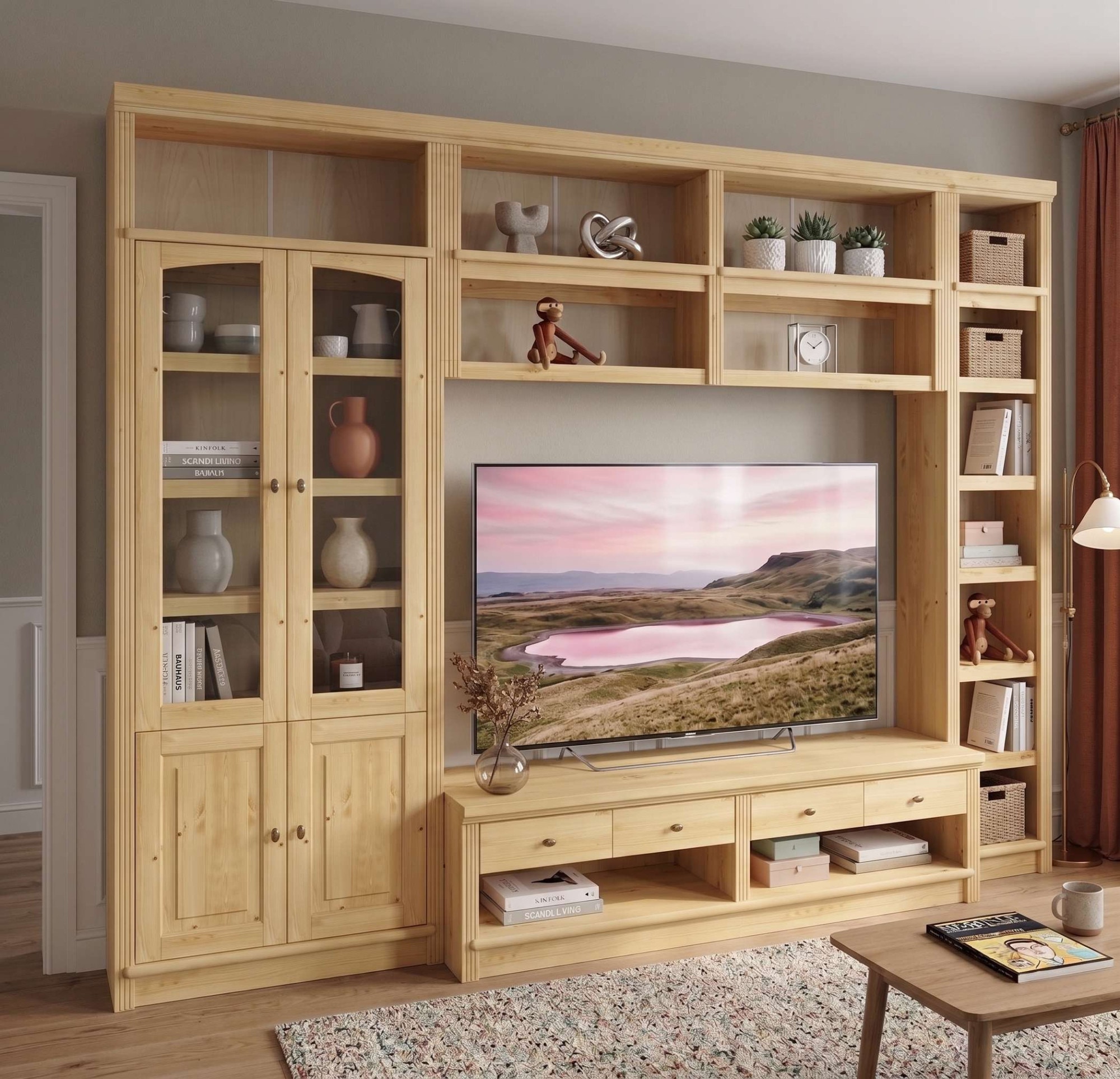 GOODproduct Wohnwand »Soeren, 1 TV-Lowboard, 1 Wandregal, 1 Bücherregal, 1 Vitrine« Set, 4 Stk. tlg.