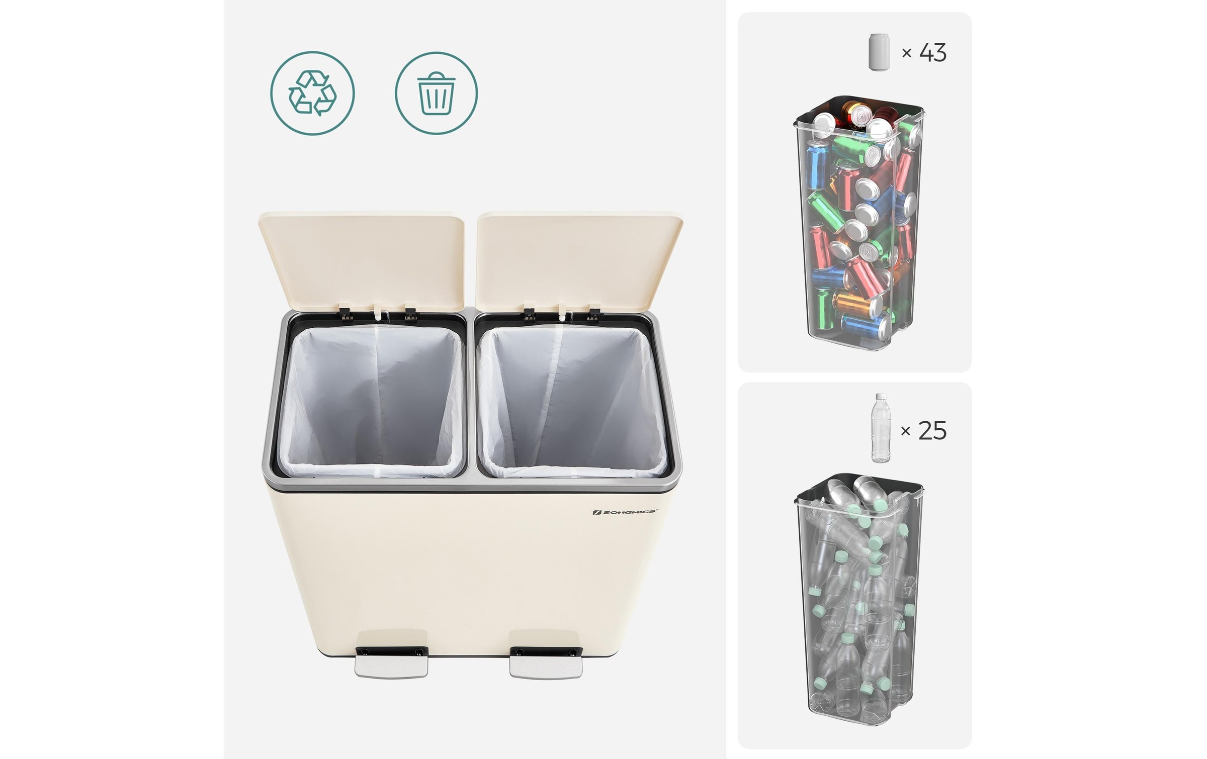 SONGMICS Mülleimer »60 l«, 2 Behälter
