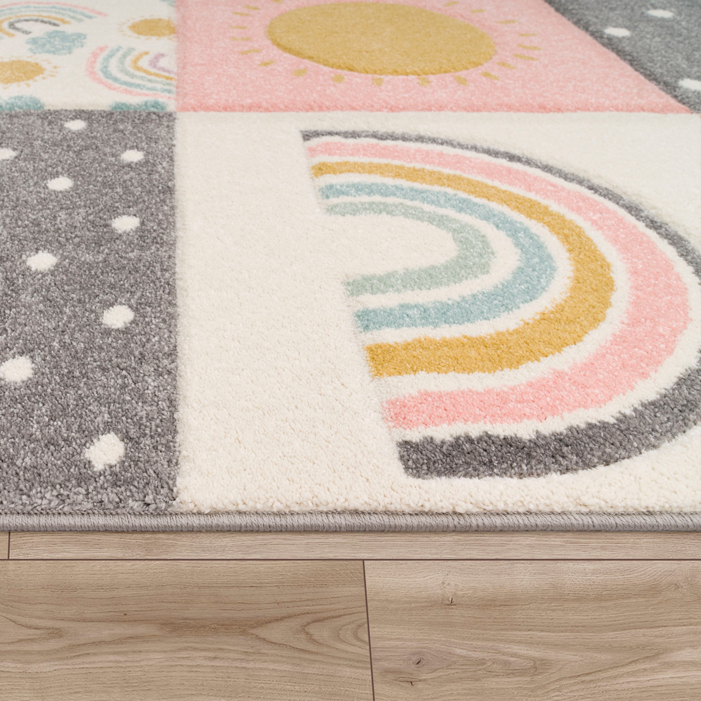 Paco Home Kinderteppich »Cosmo 962«, rechteckig, 3D-Design, Patchwork-Muster, Motiv Regenbogen & Punkte, Pastell-Farben