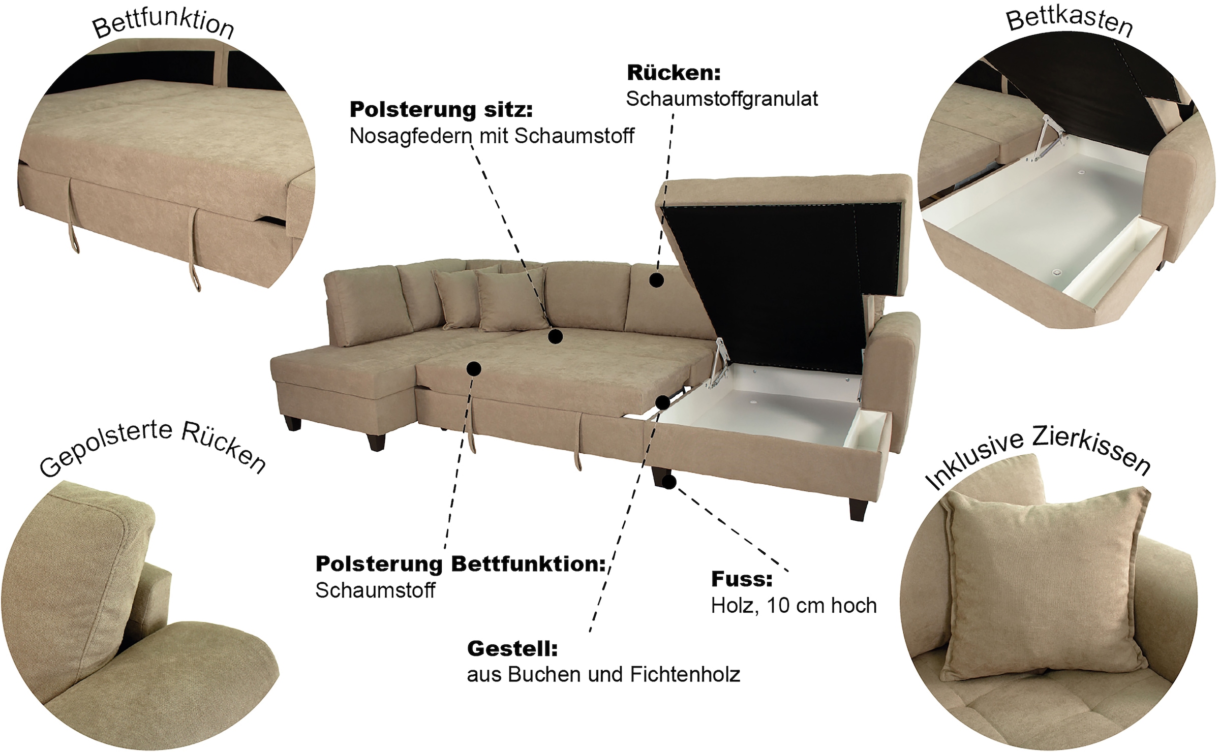 Trends by HG Paysage de salon »Moritz U-Form, B: 324 cm« mit Bettfunktion, Bettkasten & Zierkissen
