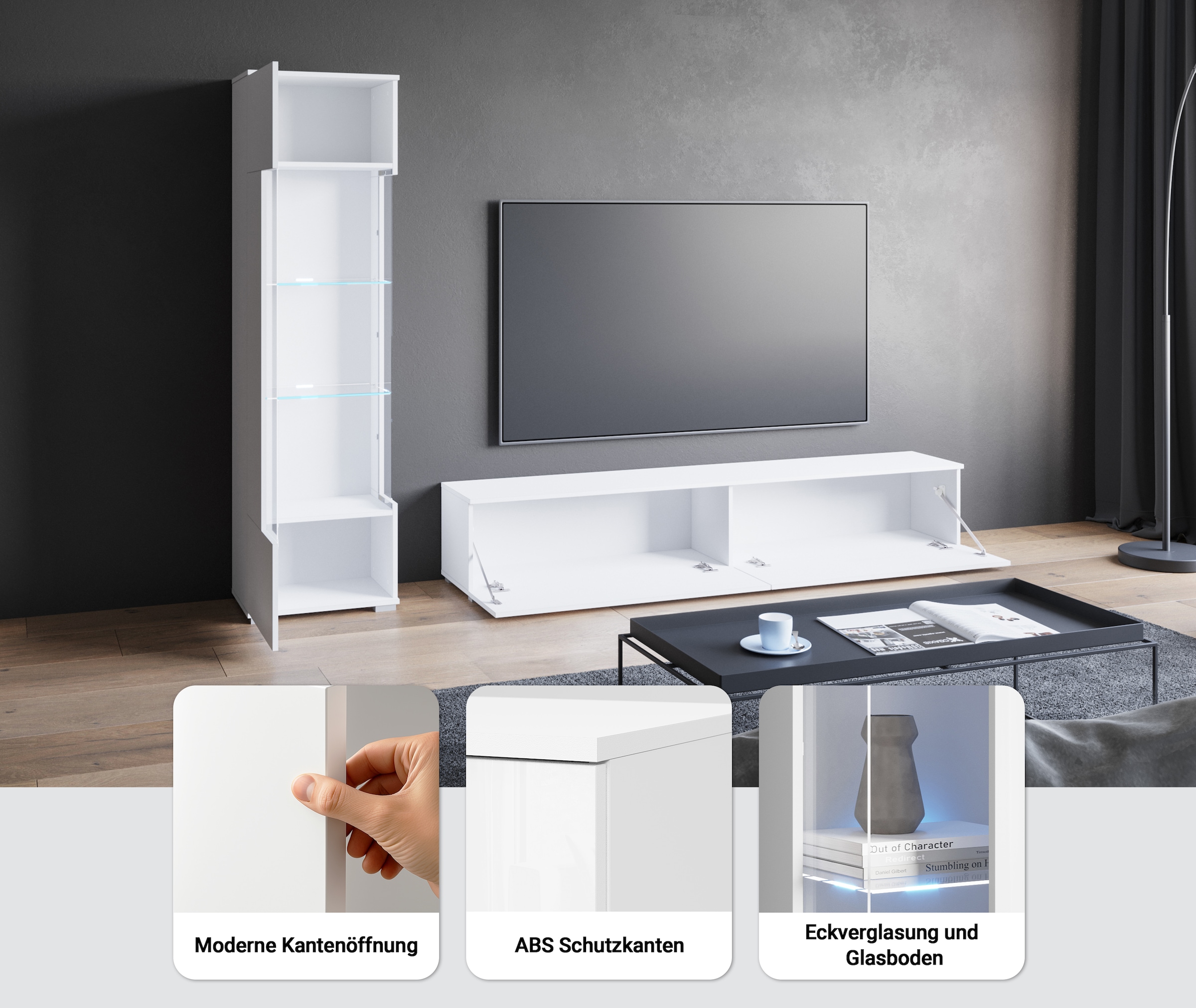 GOODproduct Wohnwand »Kenia, Vitrine Türanschlag links/rechts wechselbar« Komplett-Set, 2 Stk. tlg.