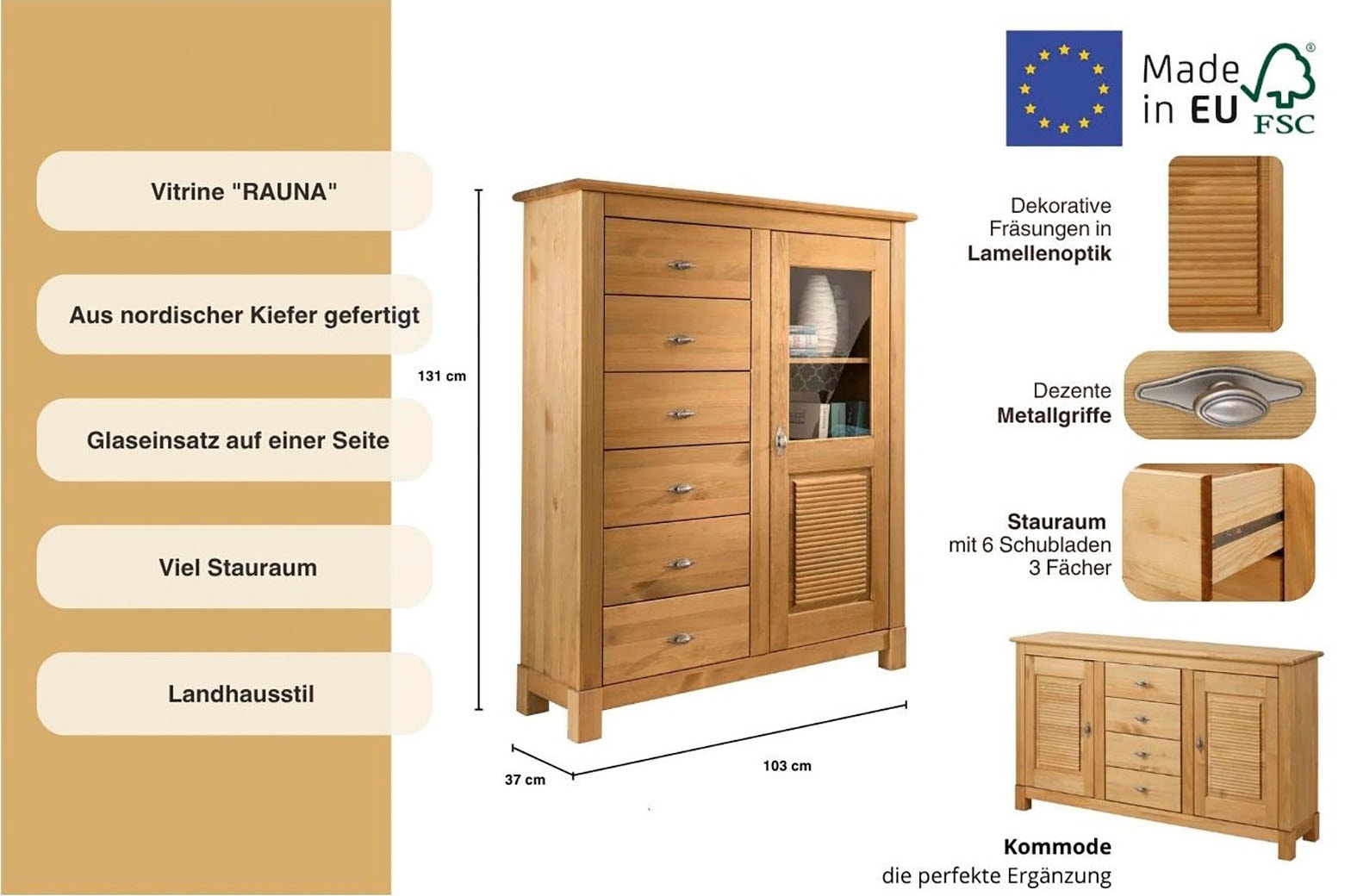 Home affaire Highboard »Rauna« Vitrine, Breite 103 cm, FSC®-zertifiziertes Massivholz