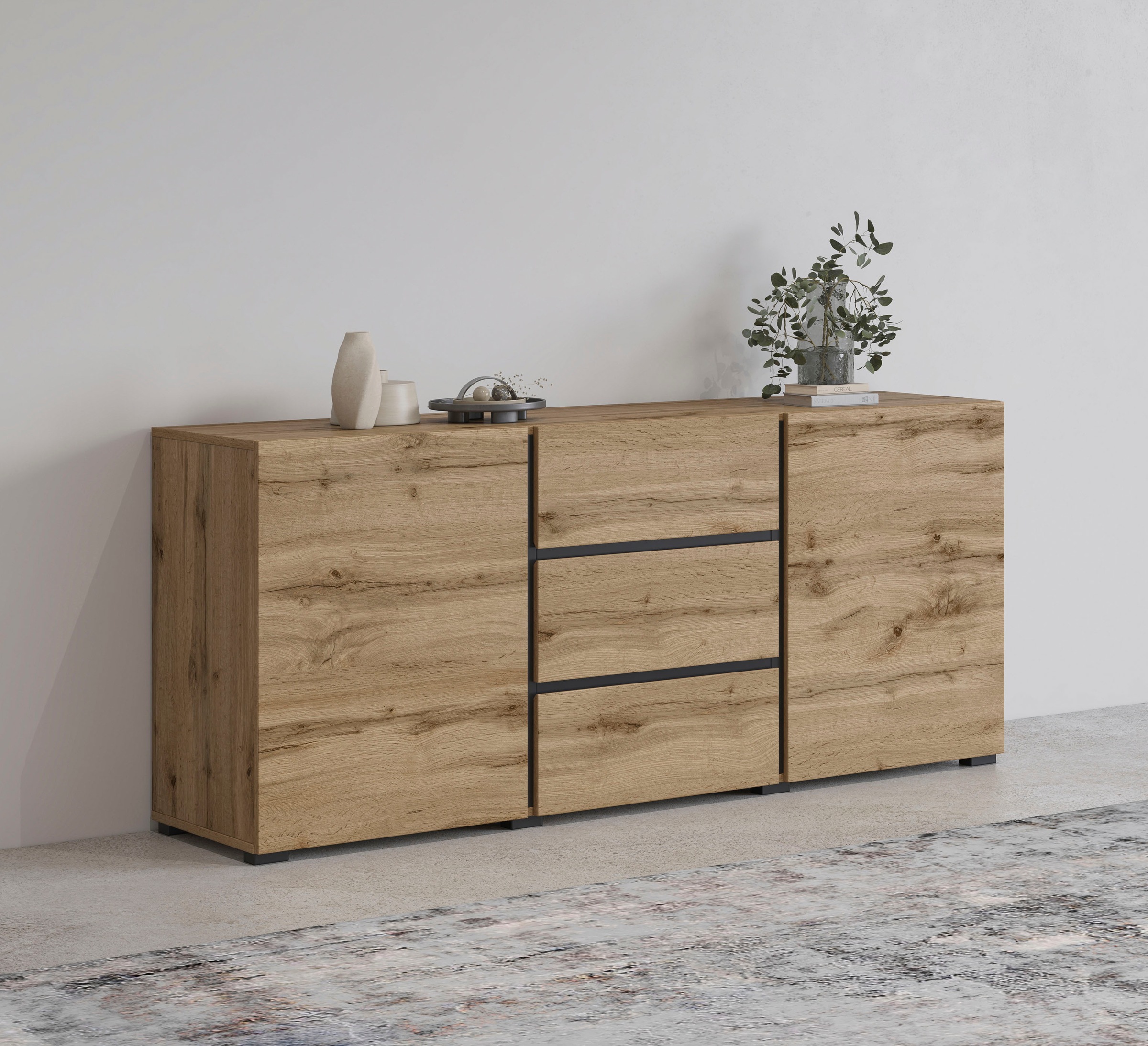 Image of GOODproduct Sideboard "Cross, Breite 150 cm, moderne grifflose Kommode, 2Türen/3 Schubkästen" Schubladenkommode mit viel Stauraum, Einlegeböden verstellbar