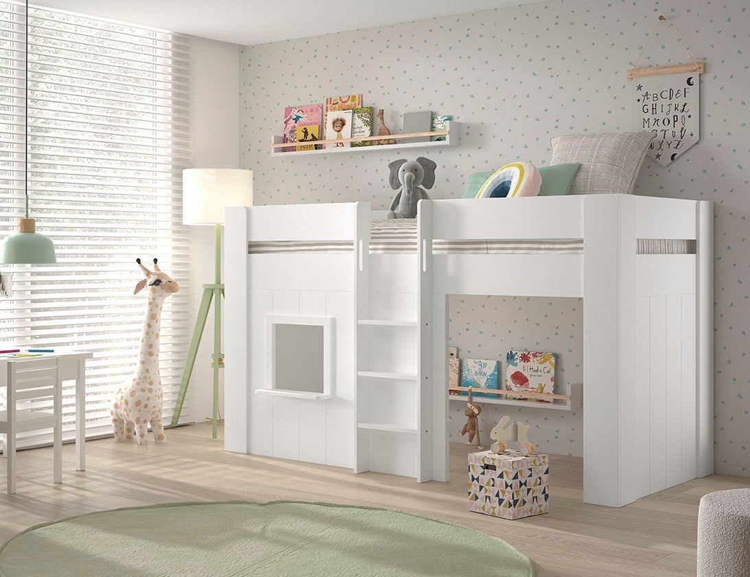 Vipack Lit superposé »Reno, ein tolles Hüttenbett mit hoher Standfestigkeit, weiss lackiert« L/H/P env. 206x120,1x105 cm, échelle centrale, fenêtre et protection anti-chute,  incl. sommier à lattes roulantes, arrière ouvert et aire de jeu sous le lit