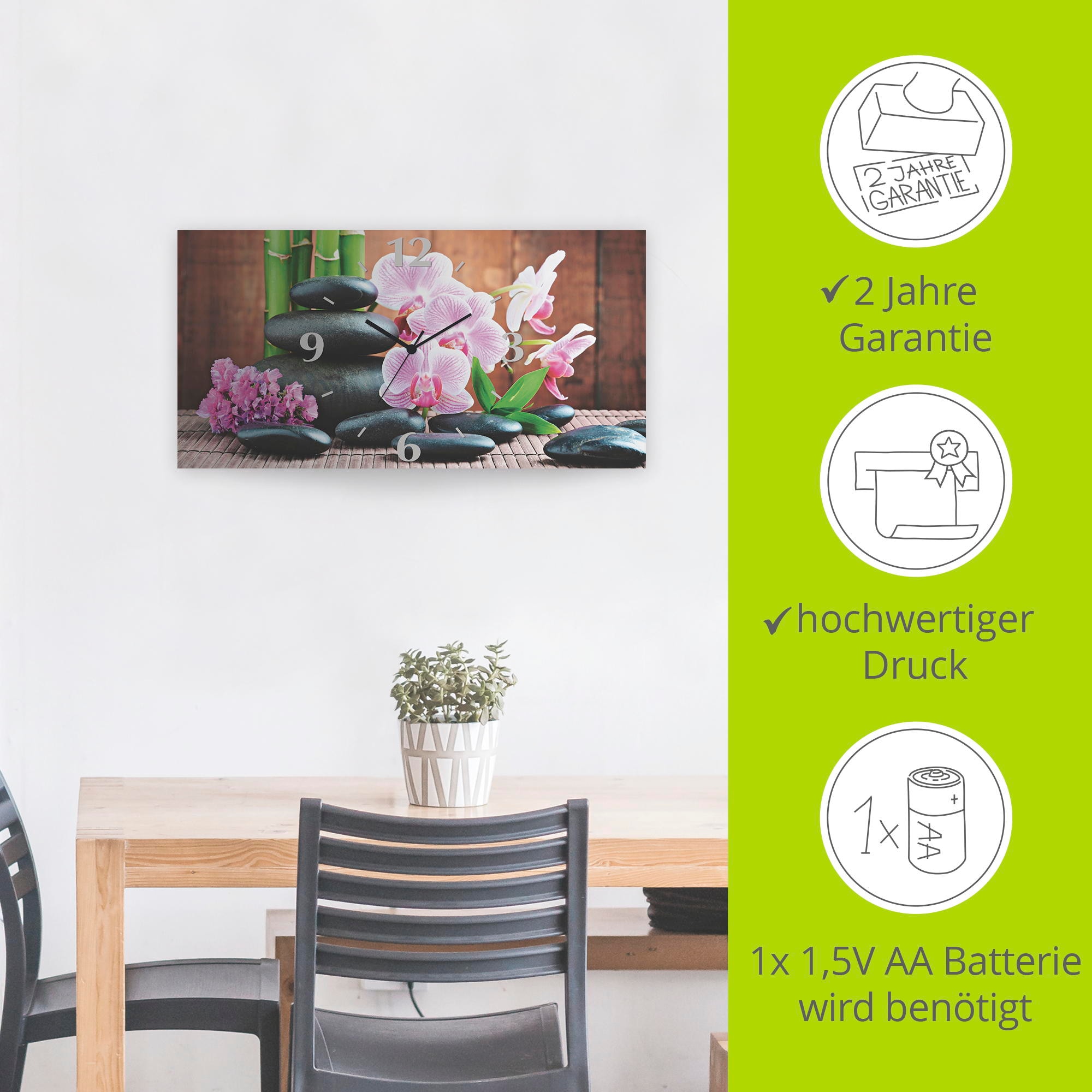 Artland Wanduhr »Spa Konzept Zen Steinen Orchideen« wahlweise mit Quarz- oder Funkuhrwerk, lautlos ohne Tickgeräusche