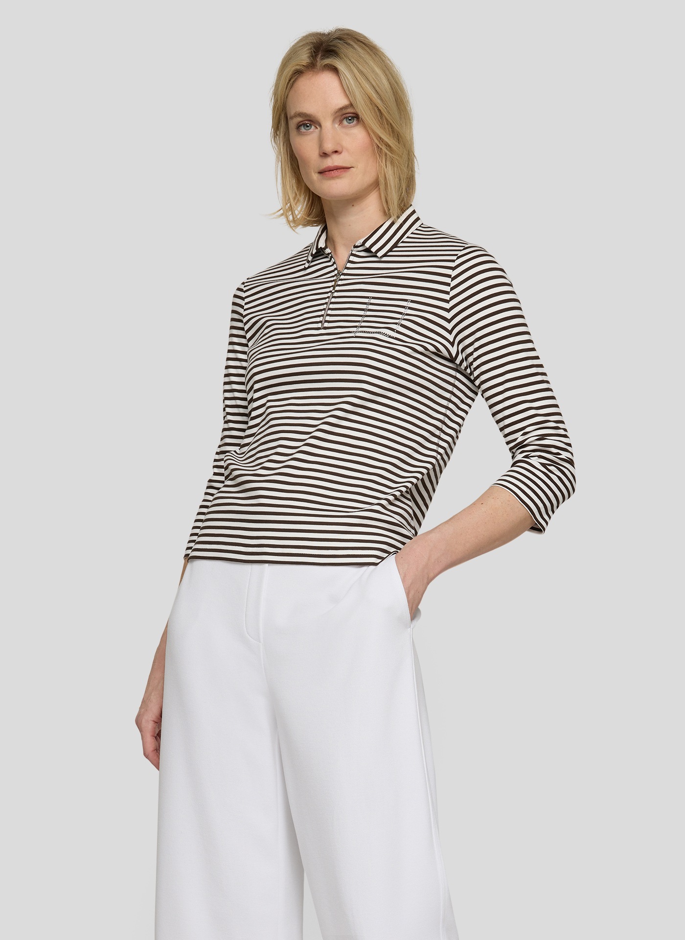 Image of Rabe T-Shirt 3/4-Arm geringelt und mit Hemdkragen und Glitzersteinen